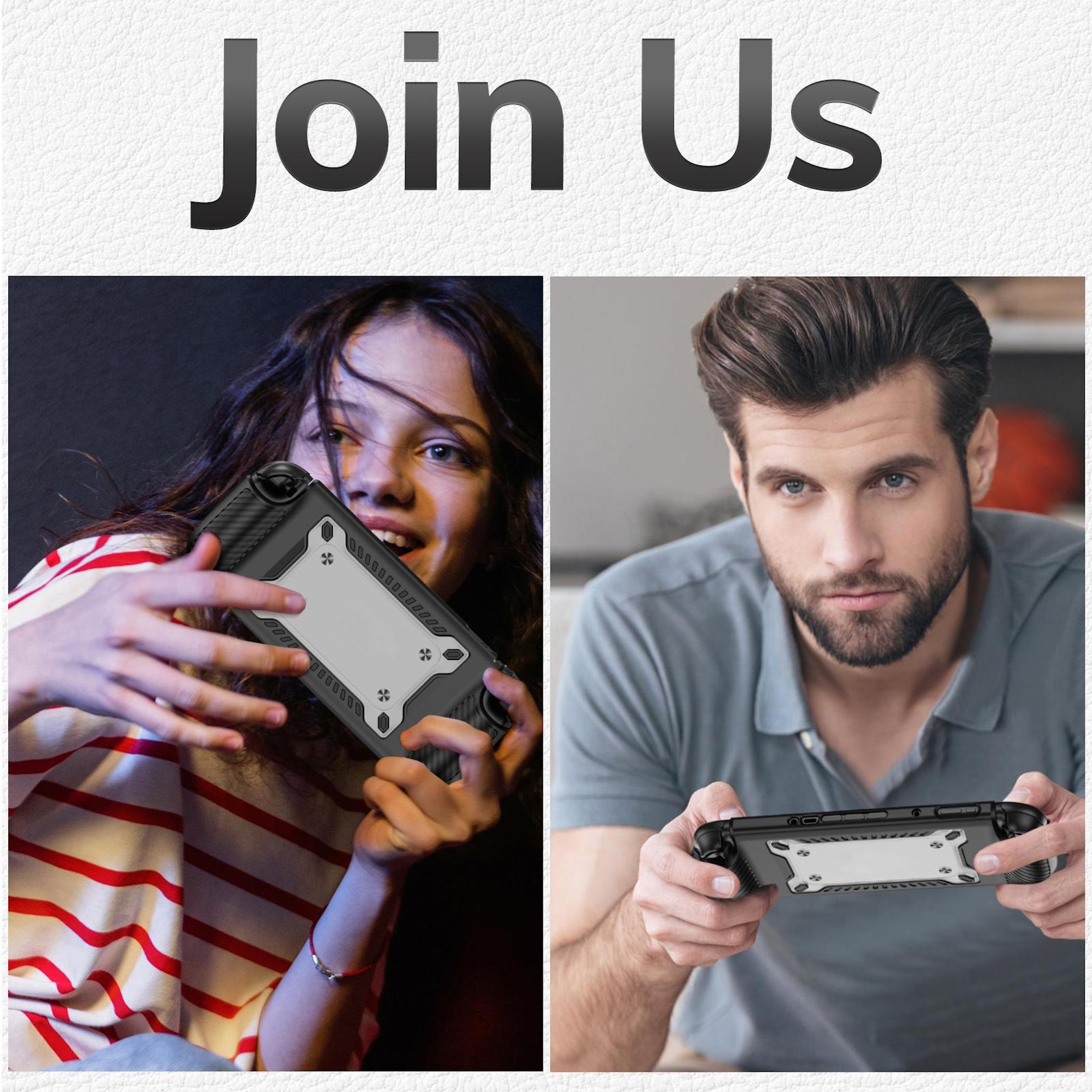 Junge Frau und Mann halten Spielekonsolen. Text 'Join Us'.