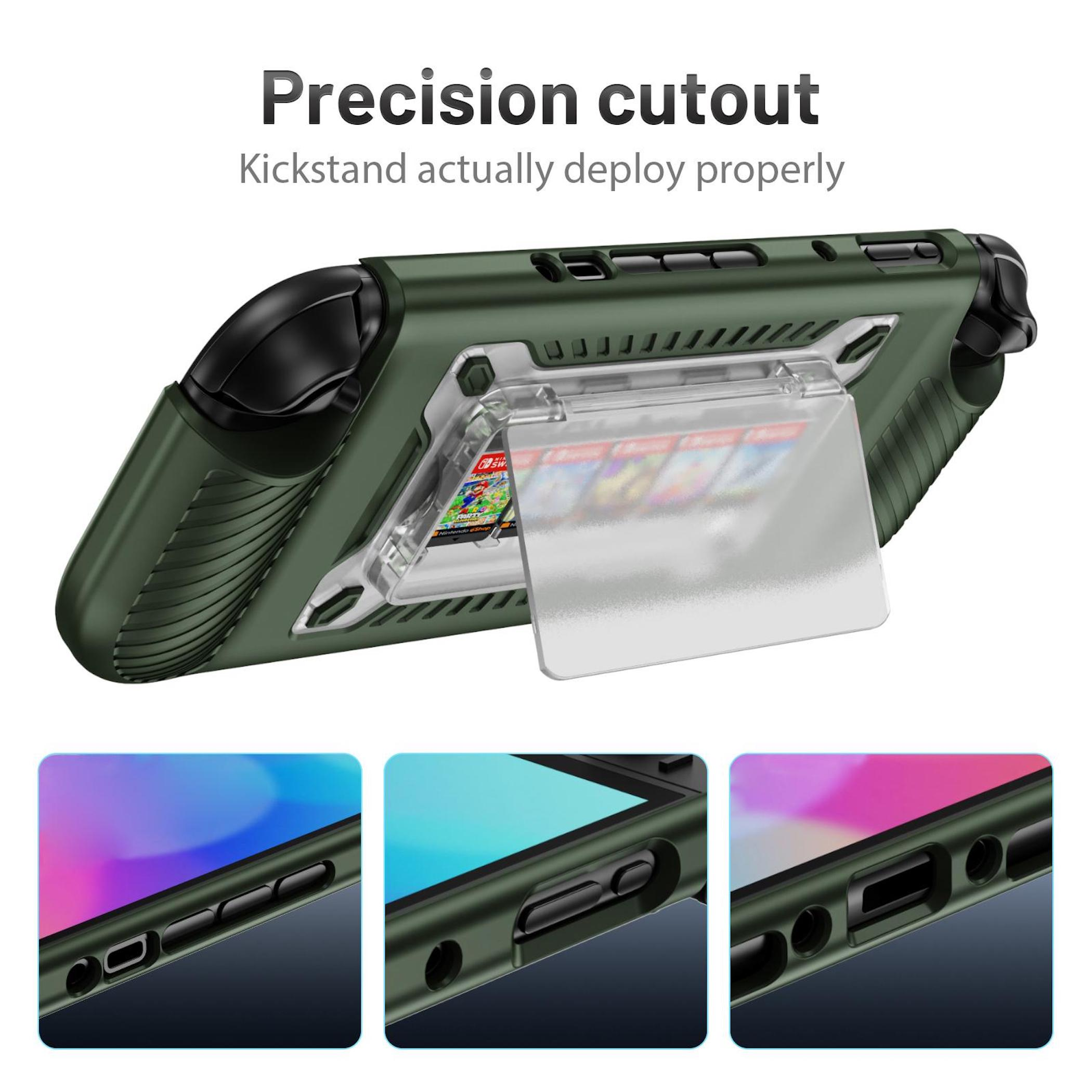 Funda protectora verde oscuro con soporte plegable y recortes precisos.