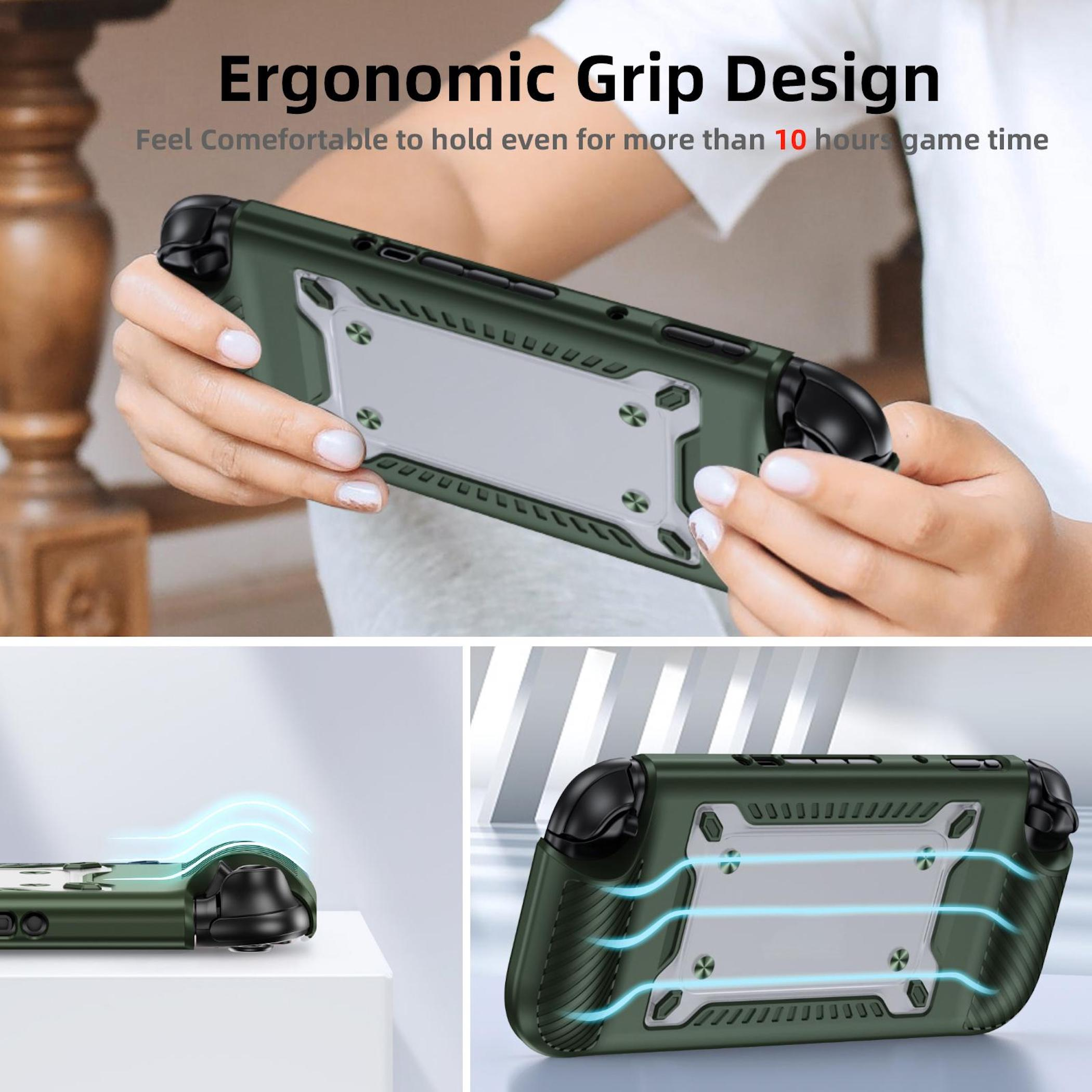 Funda verde para portátil con diseño ergonómico y rejillas de ventilación.