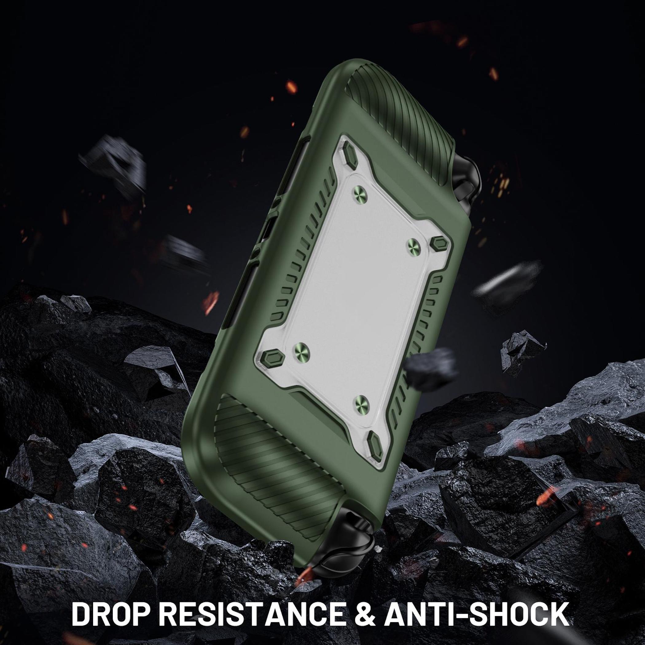 Funda de teléfono verde resistente con detalles plateados sobre fondo rocoso oscuro.