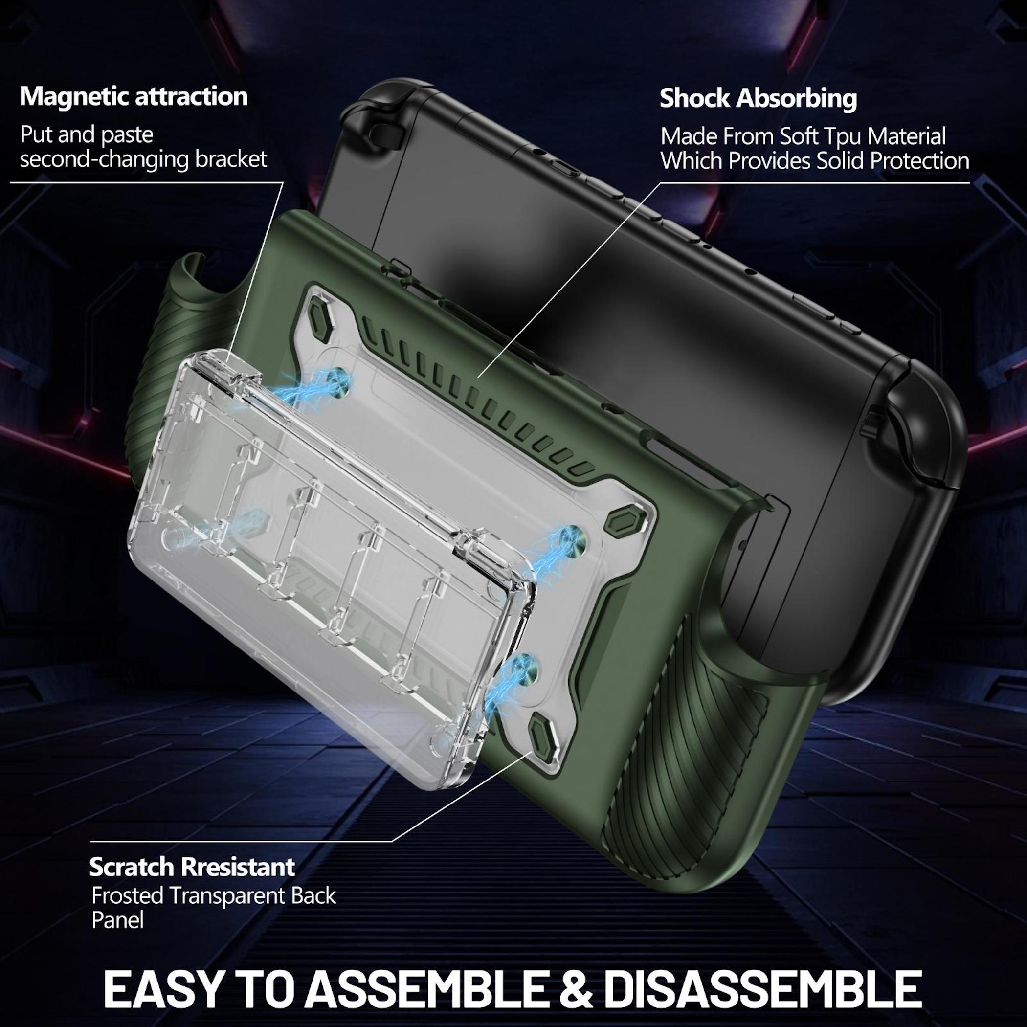 Funda protectora verde y negra con cierre magnético y parte trasera transparente.