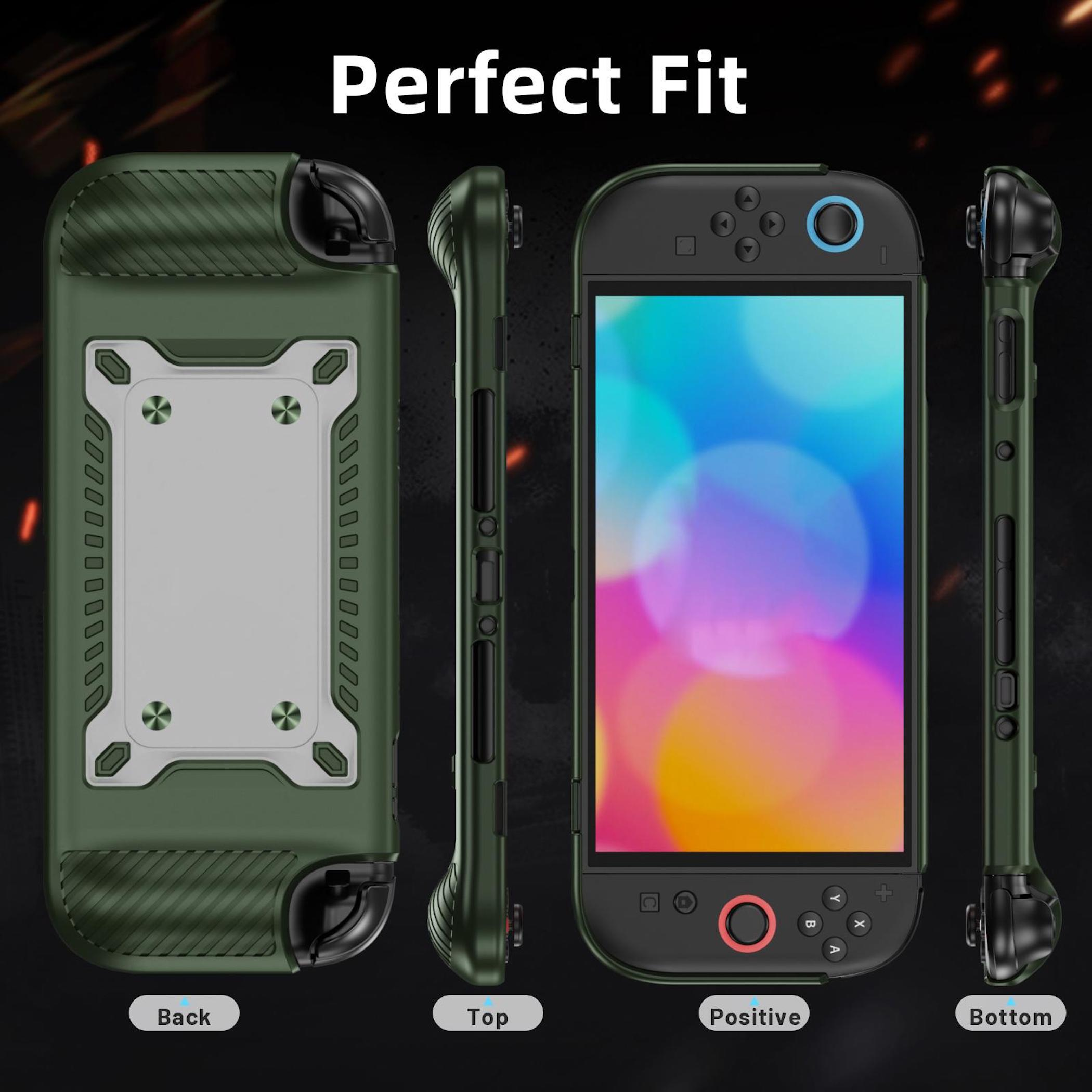 Funda protectora verde para Nintendo Switch, vistas de atrás, arriba, frente y abajo.