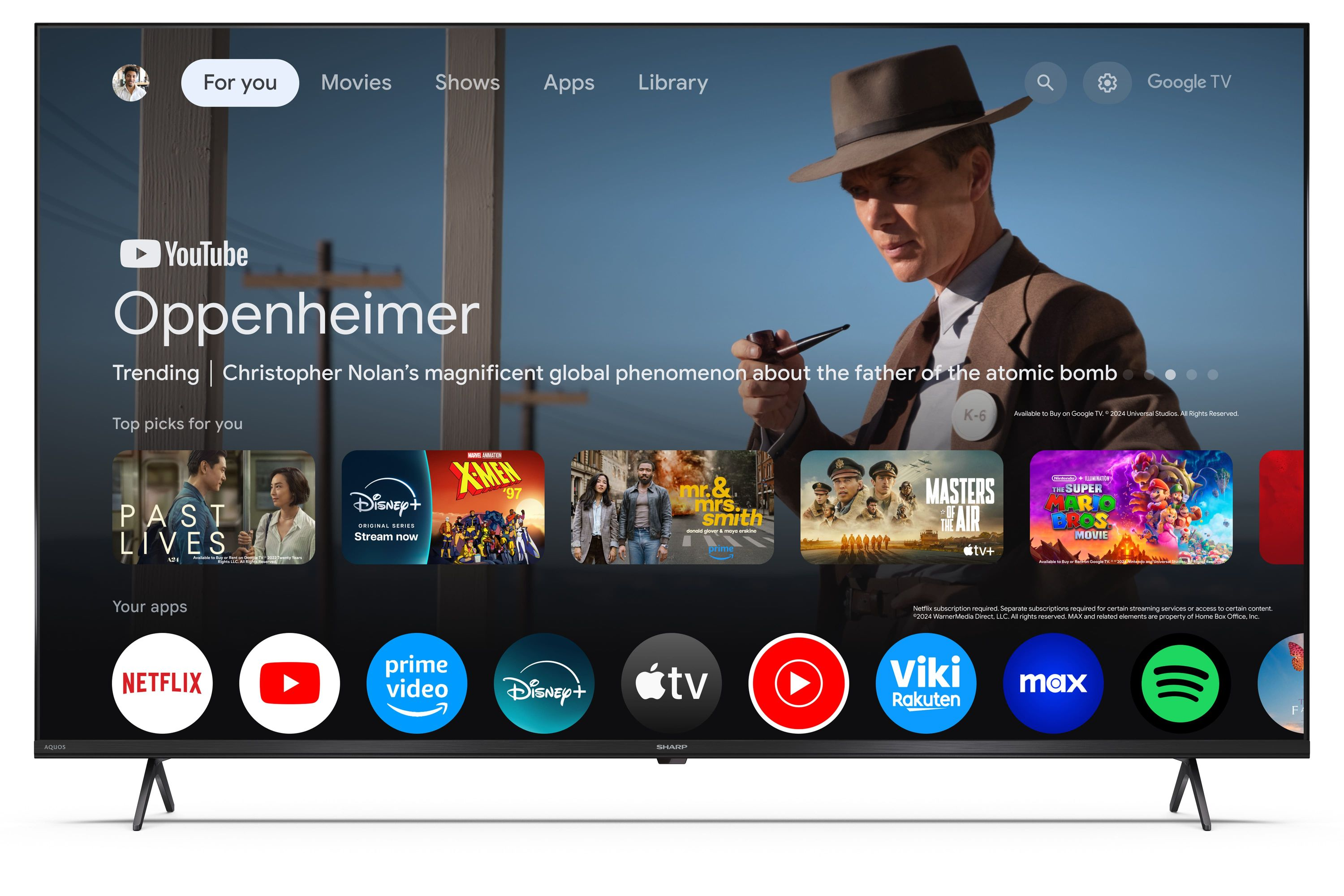 Google TV Startbildschirm mit dem Film Oppenheimer und App-Icons wie Netflix und YouTube.