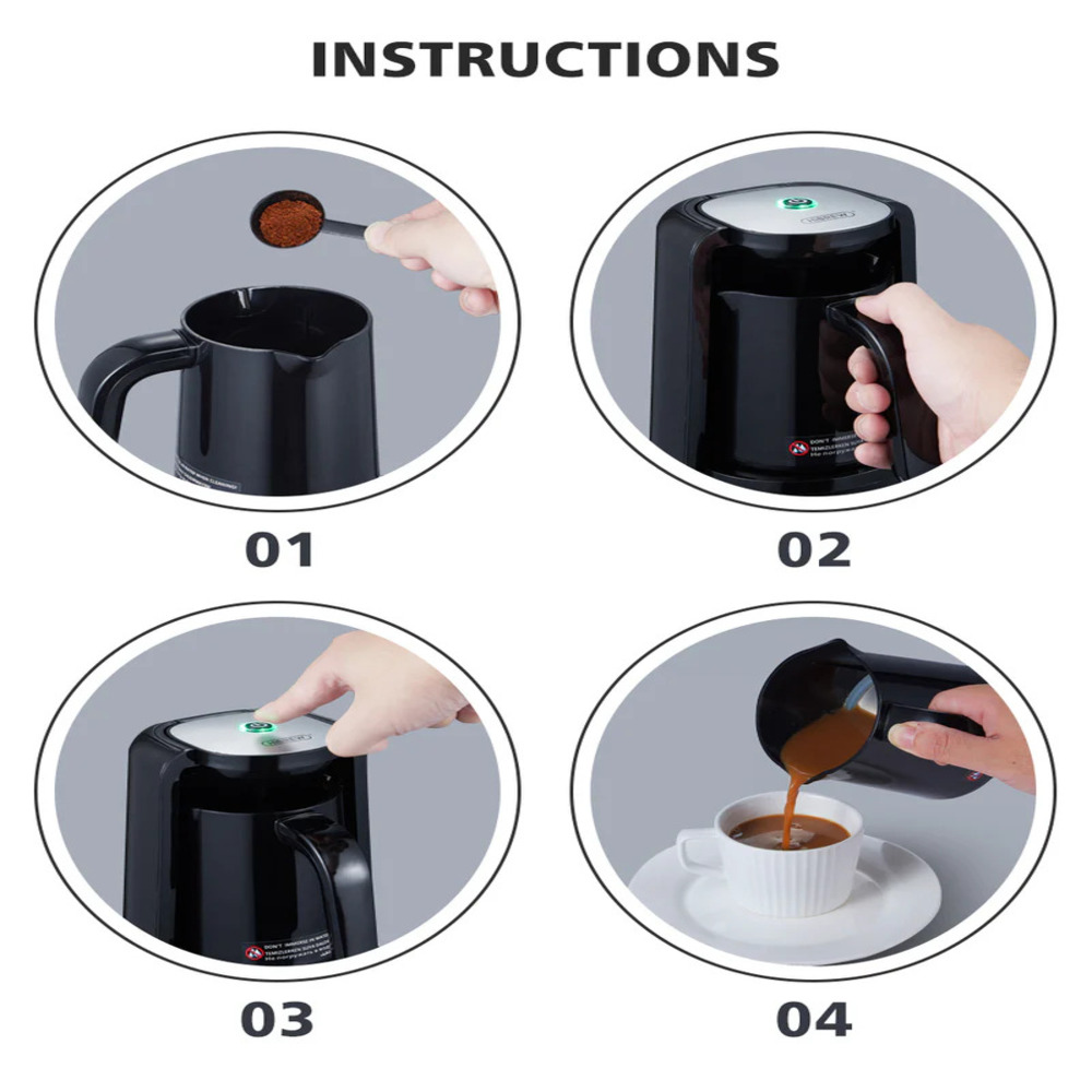 Anleitung: Kaffeepulver einfüllen, Maschine halten, Knopf drücken, Kaffee einschenken.