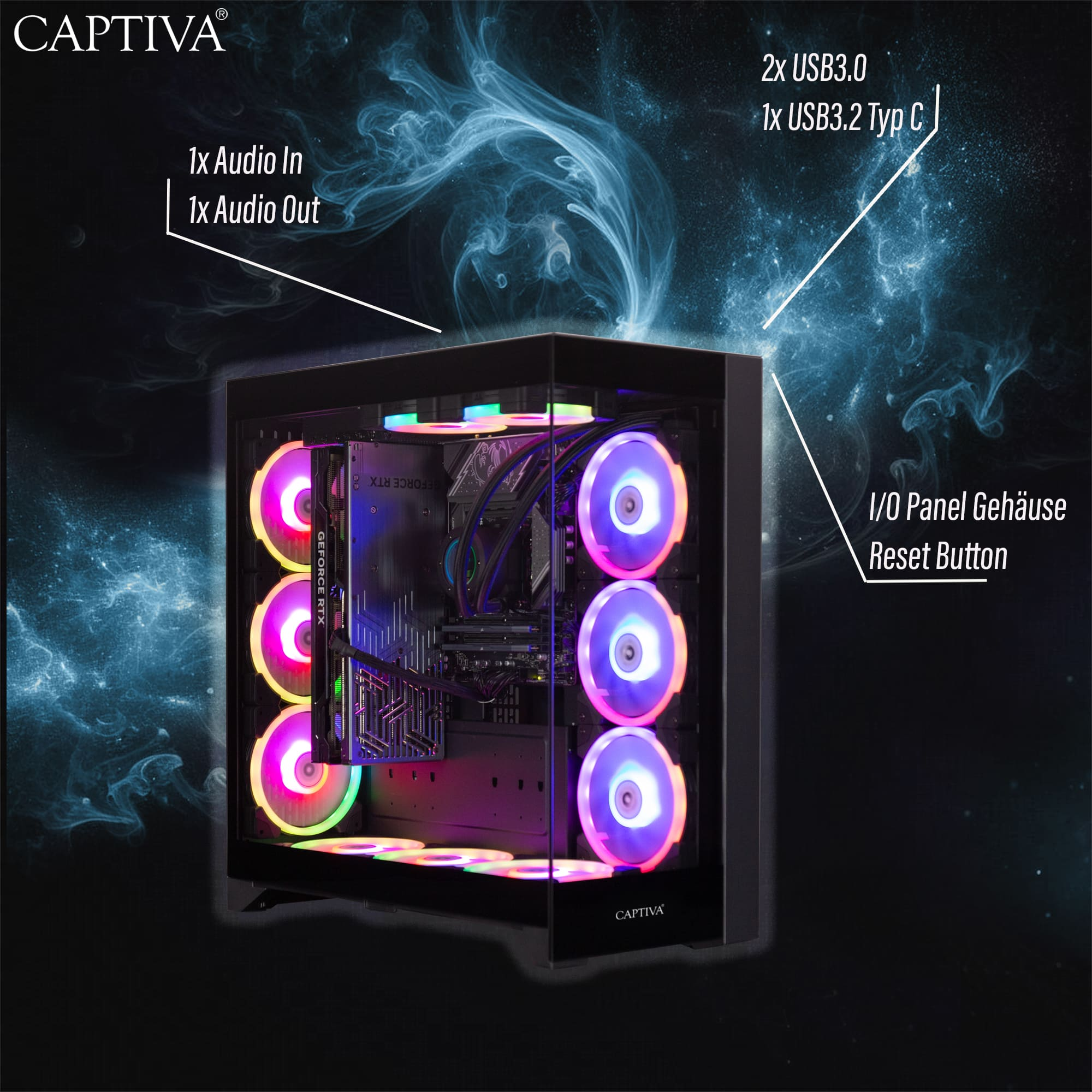 Een pc-behuizing met RGB-ventilatoren, GPU en poorten.