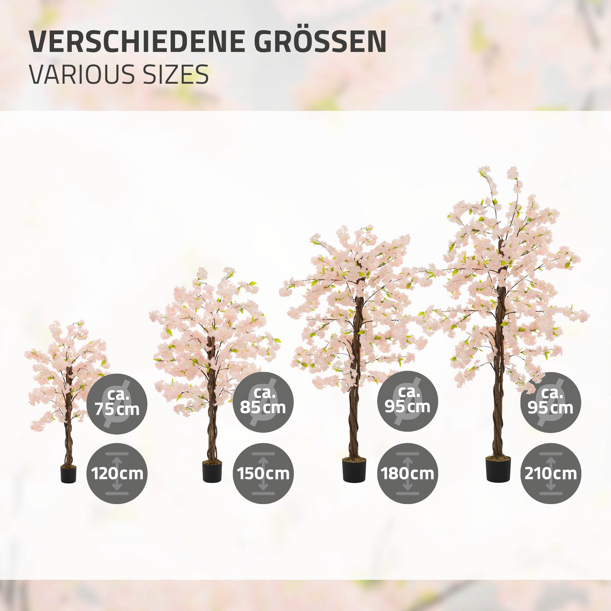 Vier künstliche Kirschbäume in verschiedenen Größen mit rosa Blüten.