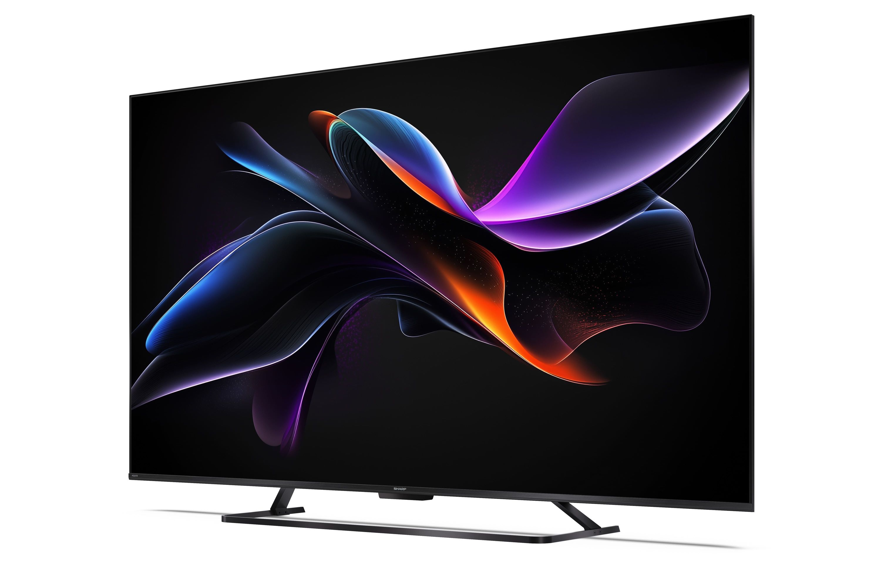 Un moderno televisore nero con un'immagine di sfondo astratta e colorata.