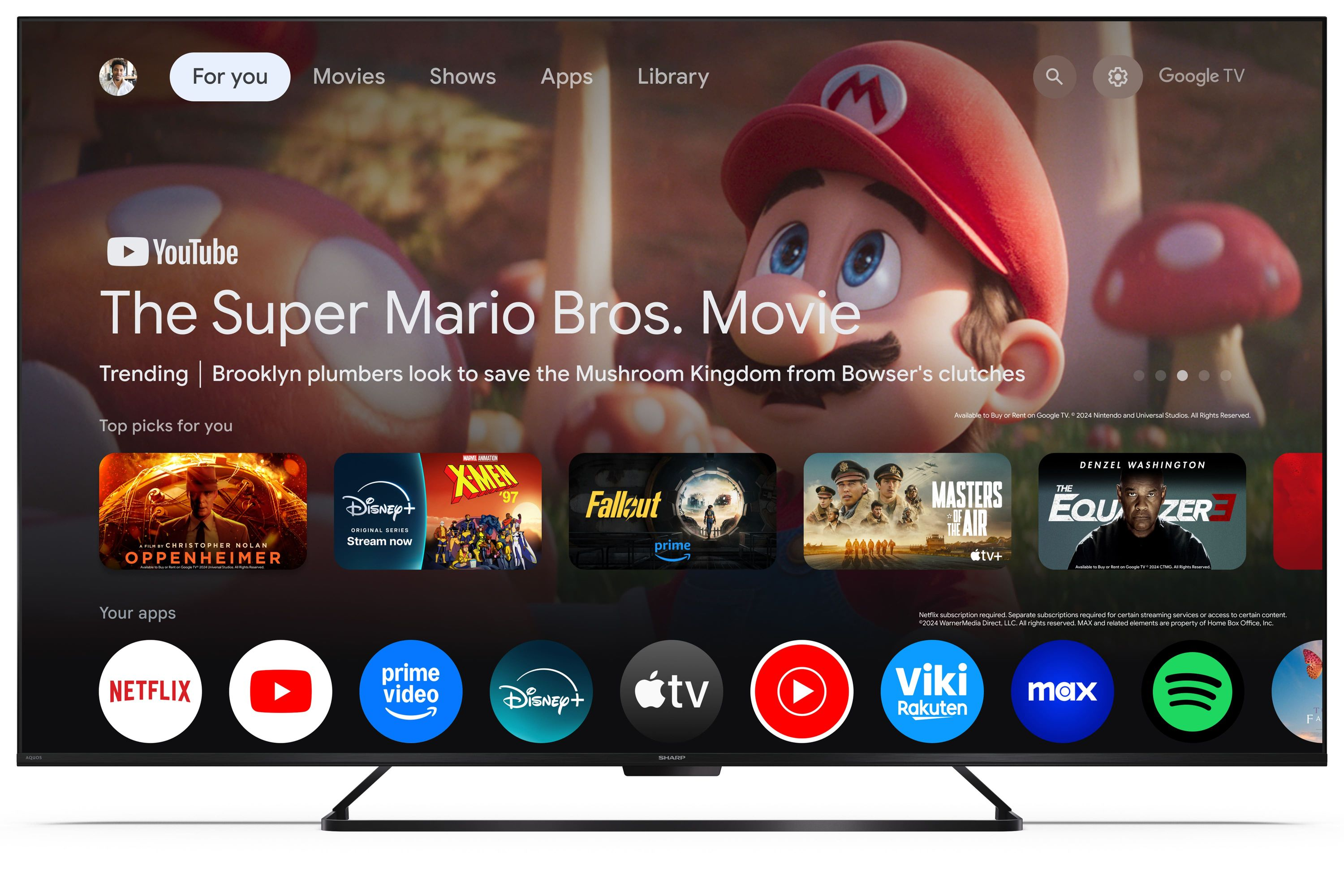 Interfaccia Google TV che mostra "Super Mario Bros. Il Film" e icone di app.