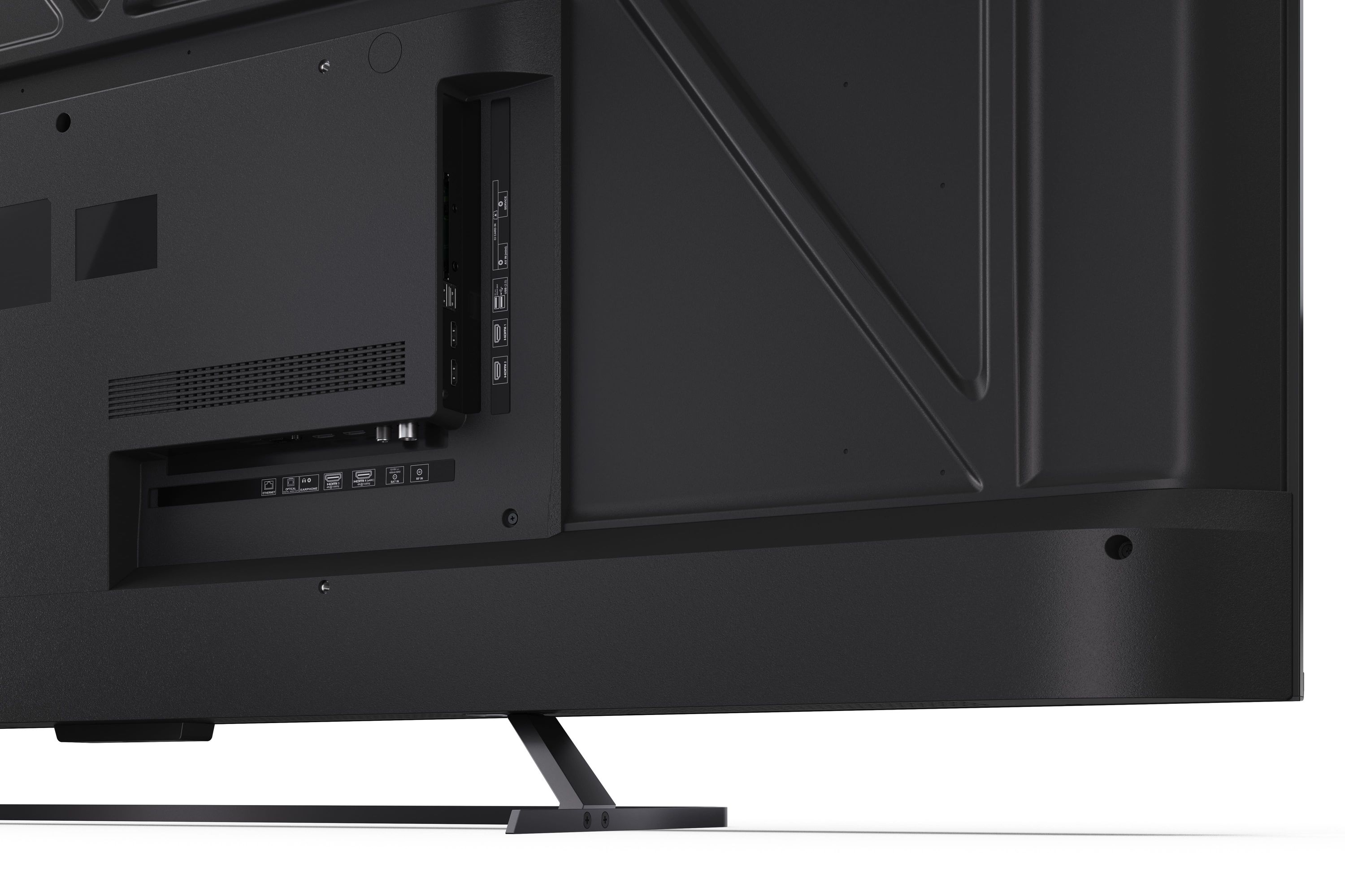 Retro di un televisore nero con porte come HDMI e USB.