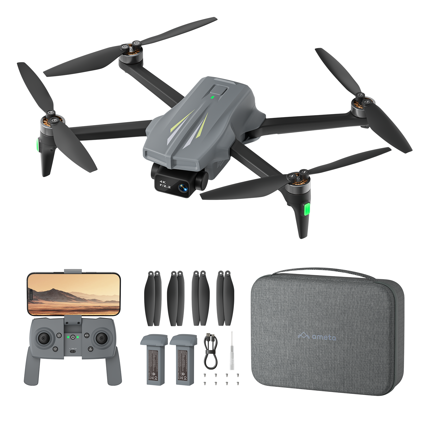 Grauer Quadrocopter mit Zubehör: Fernbedienung, Akkus, Propeller, Tasche.