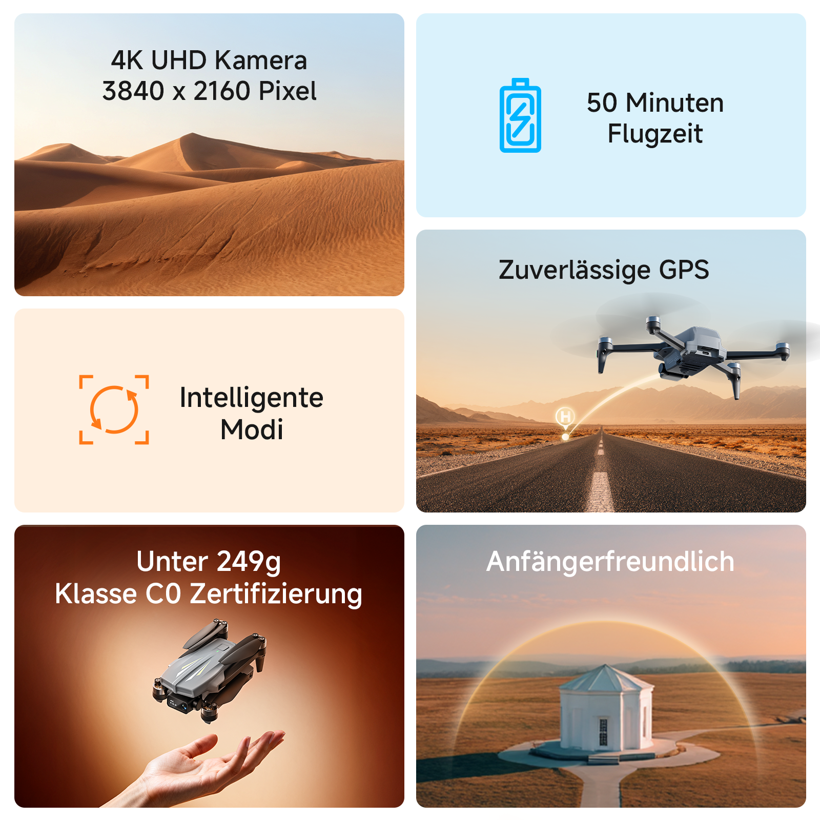 Drohne mit 4K Kamera, 50 Min Flugzeit, GPS, unter 249g, Anfängerfreundlich.