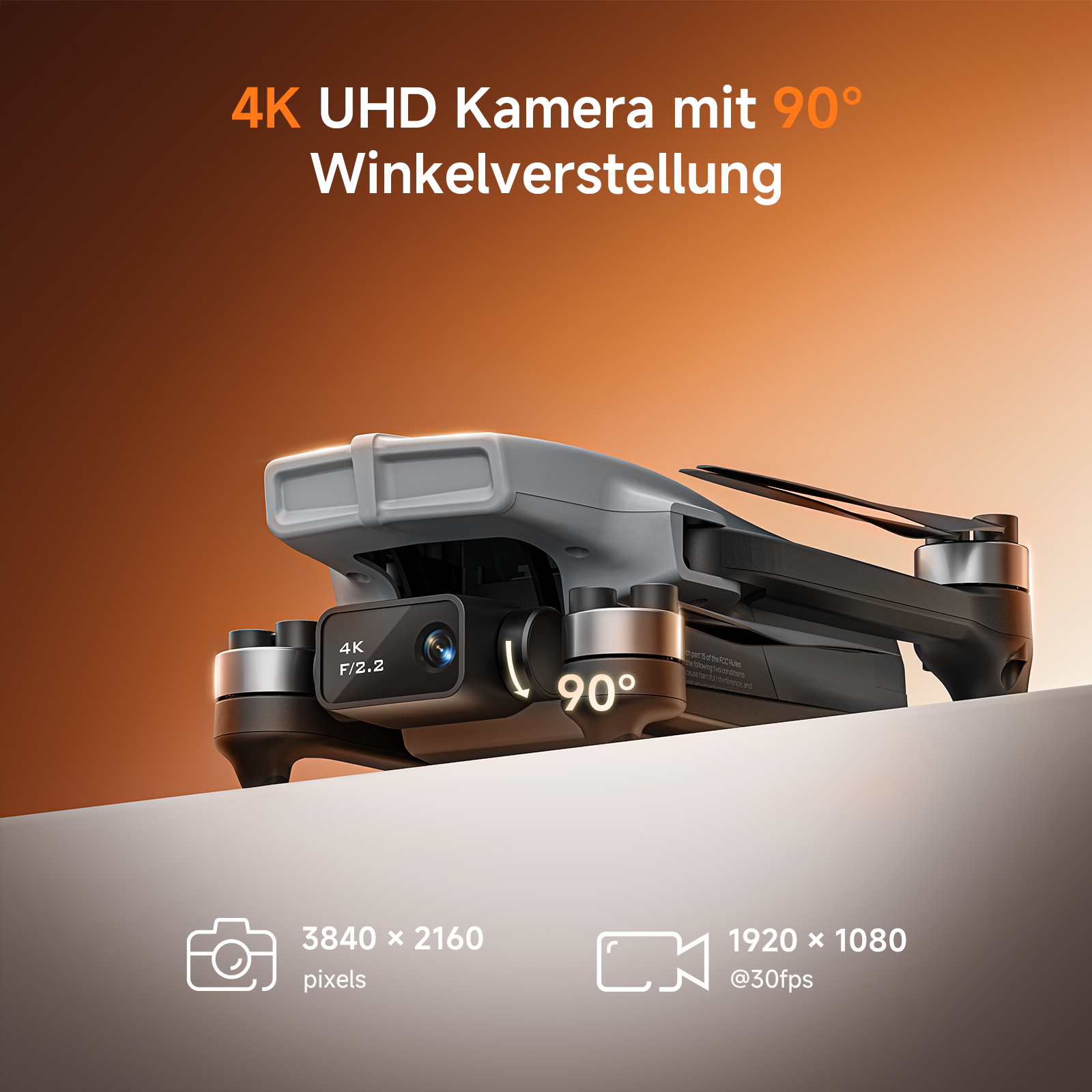Graue Drohne mit 4K-Kamera, 90° Verstellbarkeit und technischen Daten.
