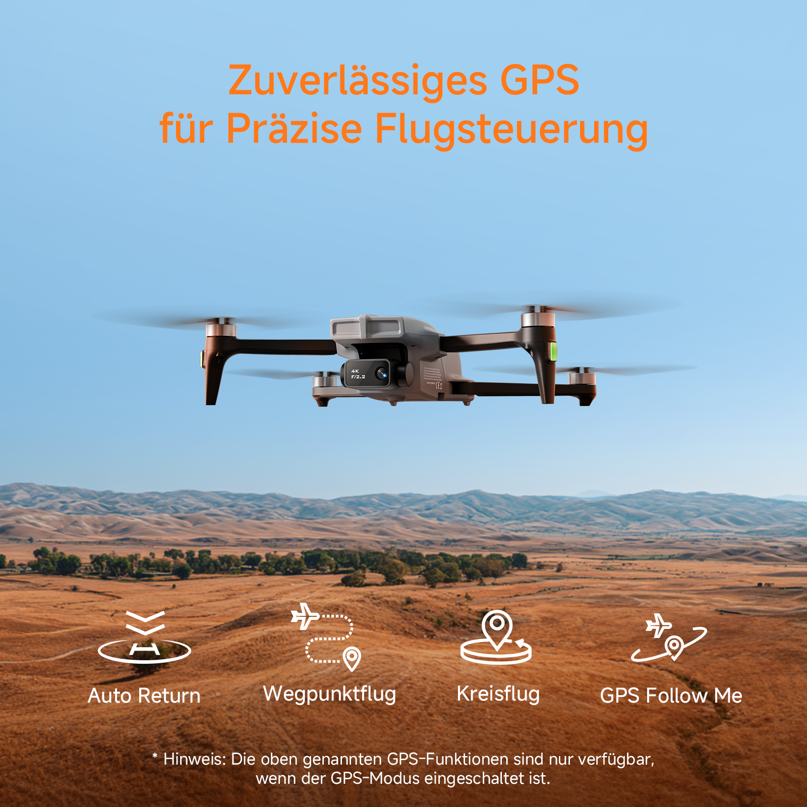 Ein graues Drone schwebt über einer trockenen Landschaft mit Icons für Flugmodi.