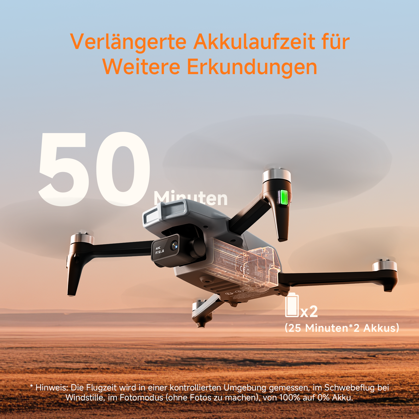 Graue Drohne mit 50 Minuten Flugzeit und 4K-Kamera über Wüstenlandschaft.