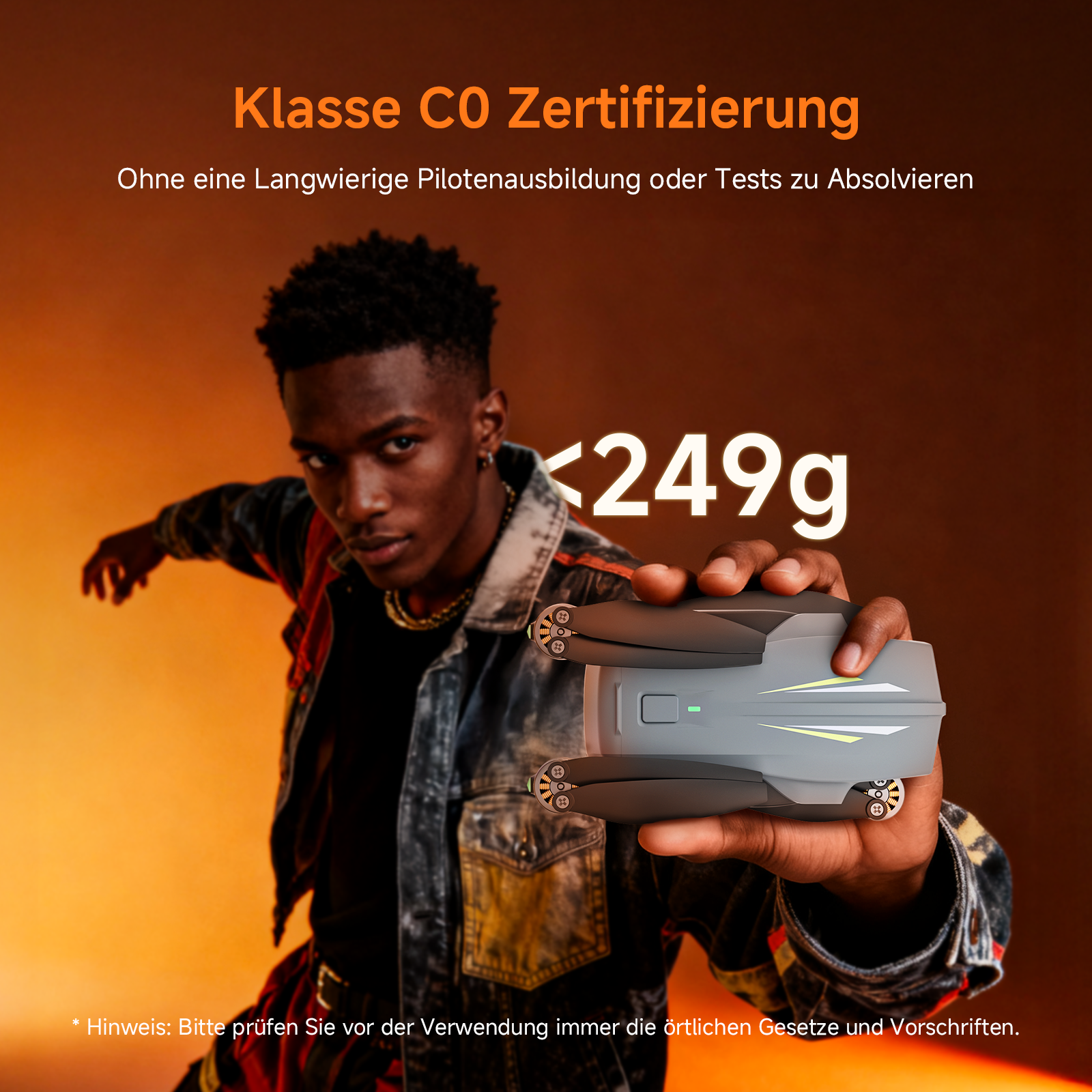 Mann mit Drohne unter 249g, Klasse C0 Zertifizierung, kein Pilotentraining nötig.