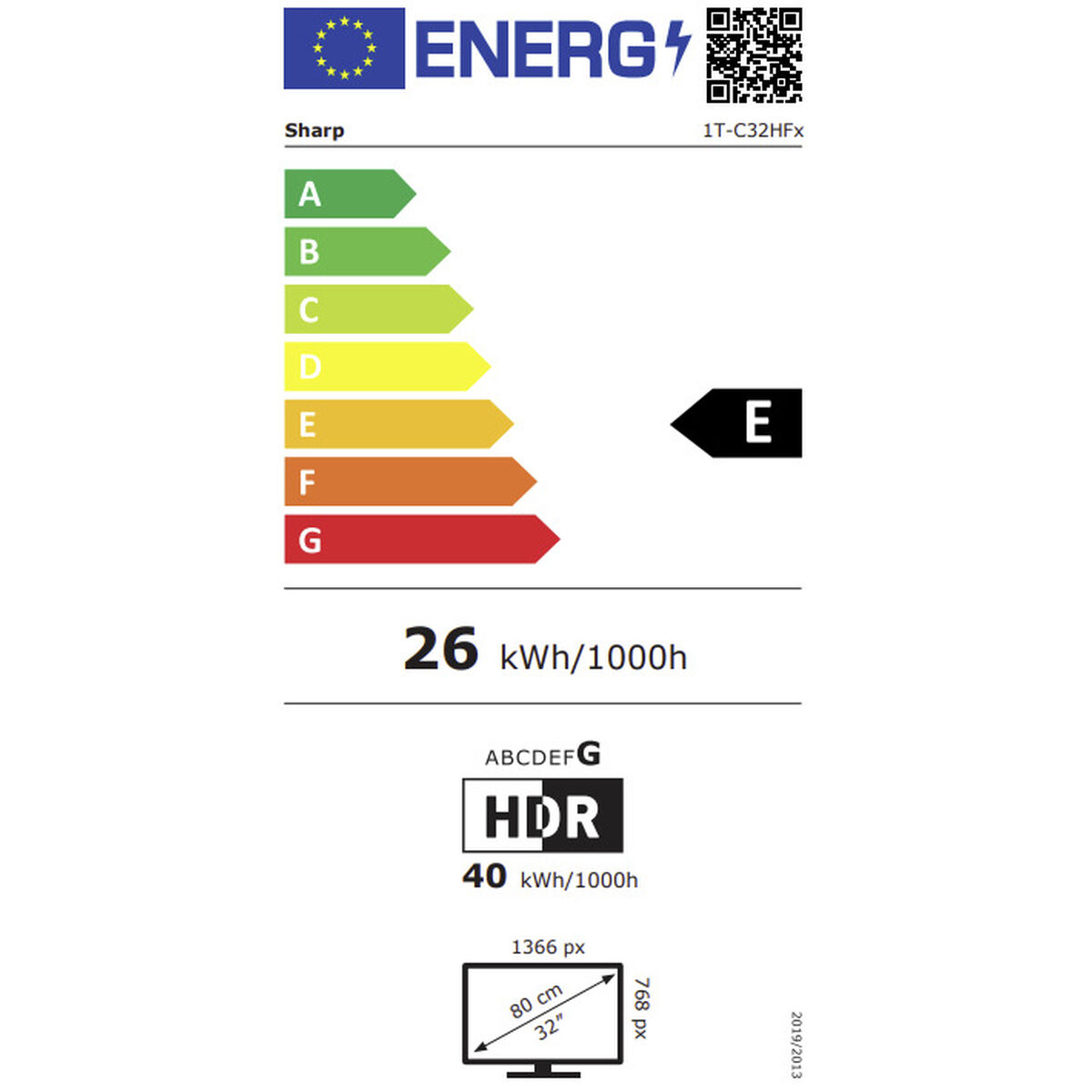 Energielabel für Sharp TV: Energieeffizienzklasse E, 26 kWh/1000h. HDR, 40 kWh/1000h.