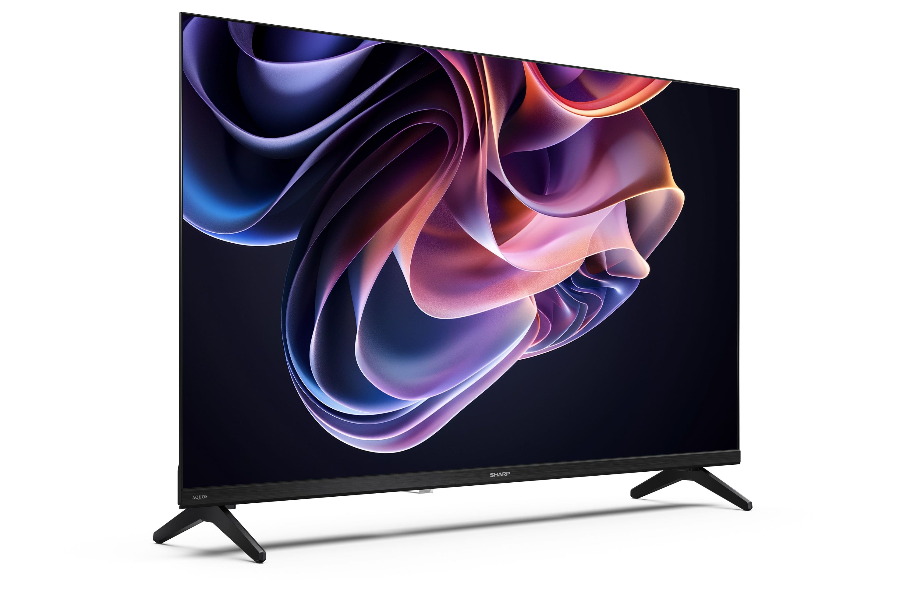 Ein moderner schwarzer Fernseher mit einem abstrakten, bunten Hintergrund auf dem Bildschirm.