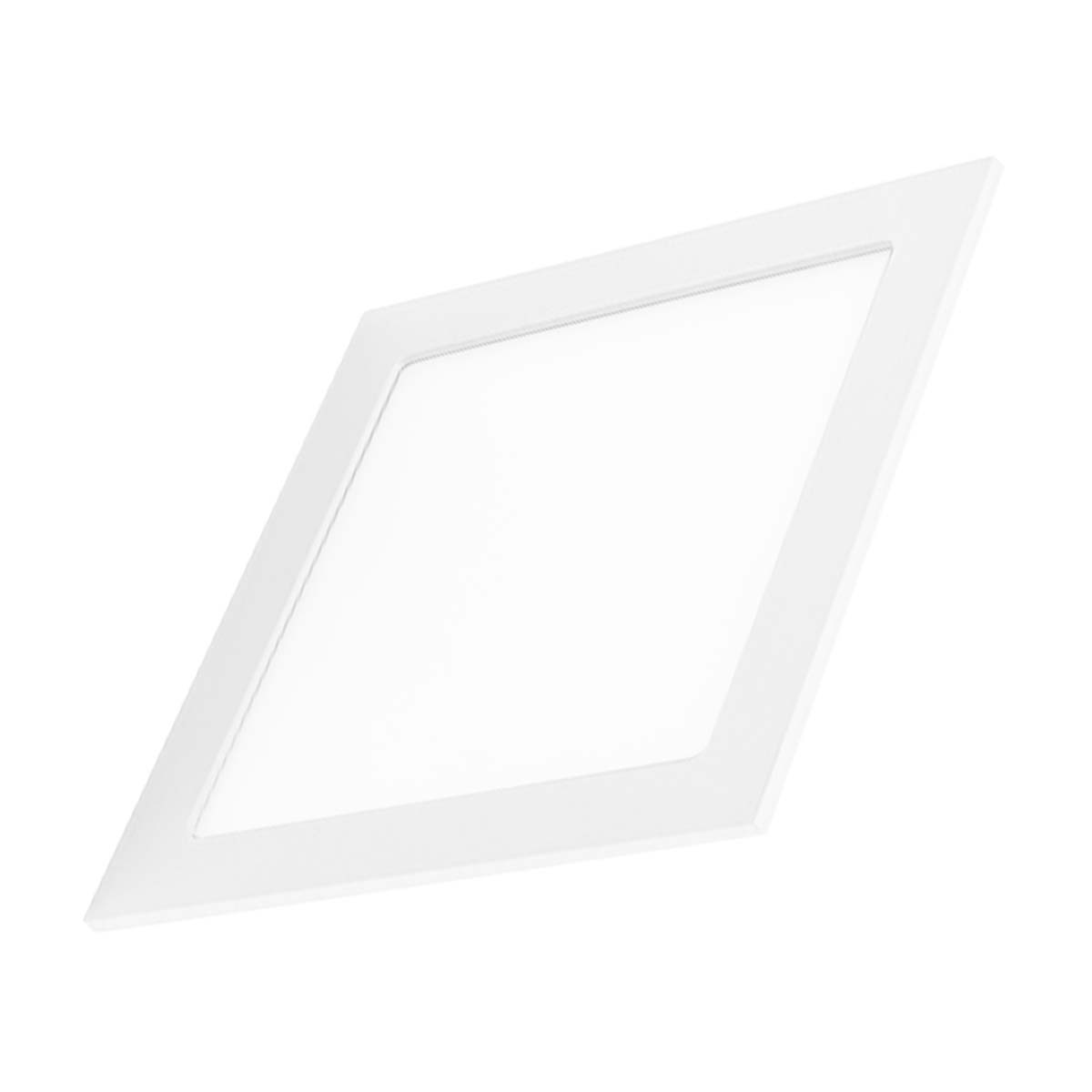 Un panel LED cuadrado blanco, visto en ángulo desde arriba.