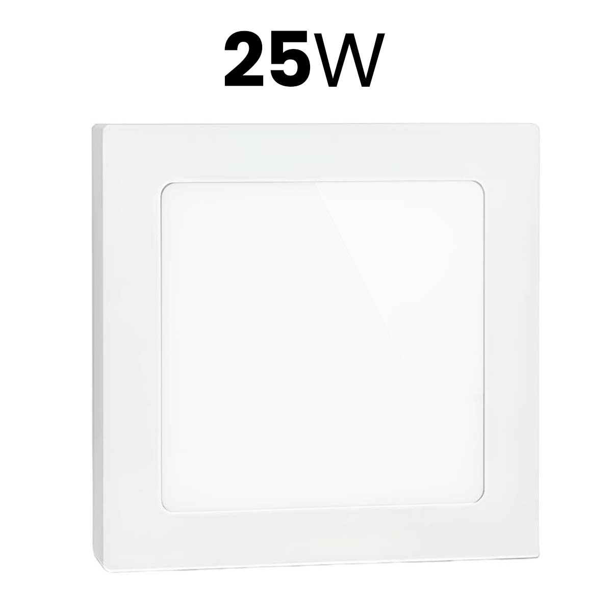 Una luz cuadrada blanca de 25W con texto negro encima.