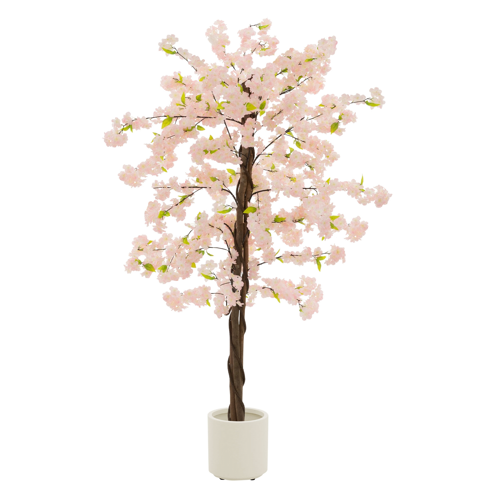 Ein künstlicher Kirschblütenbaum mit rosa Blüten und grünen Blättern in einem weißen Topf.