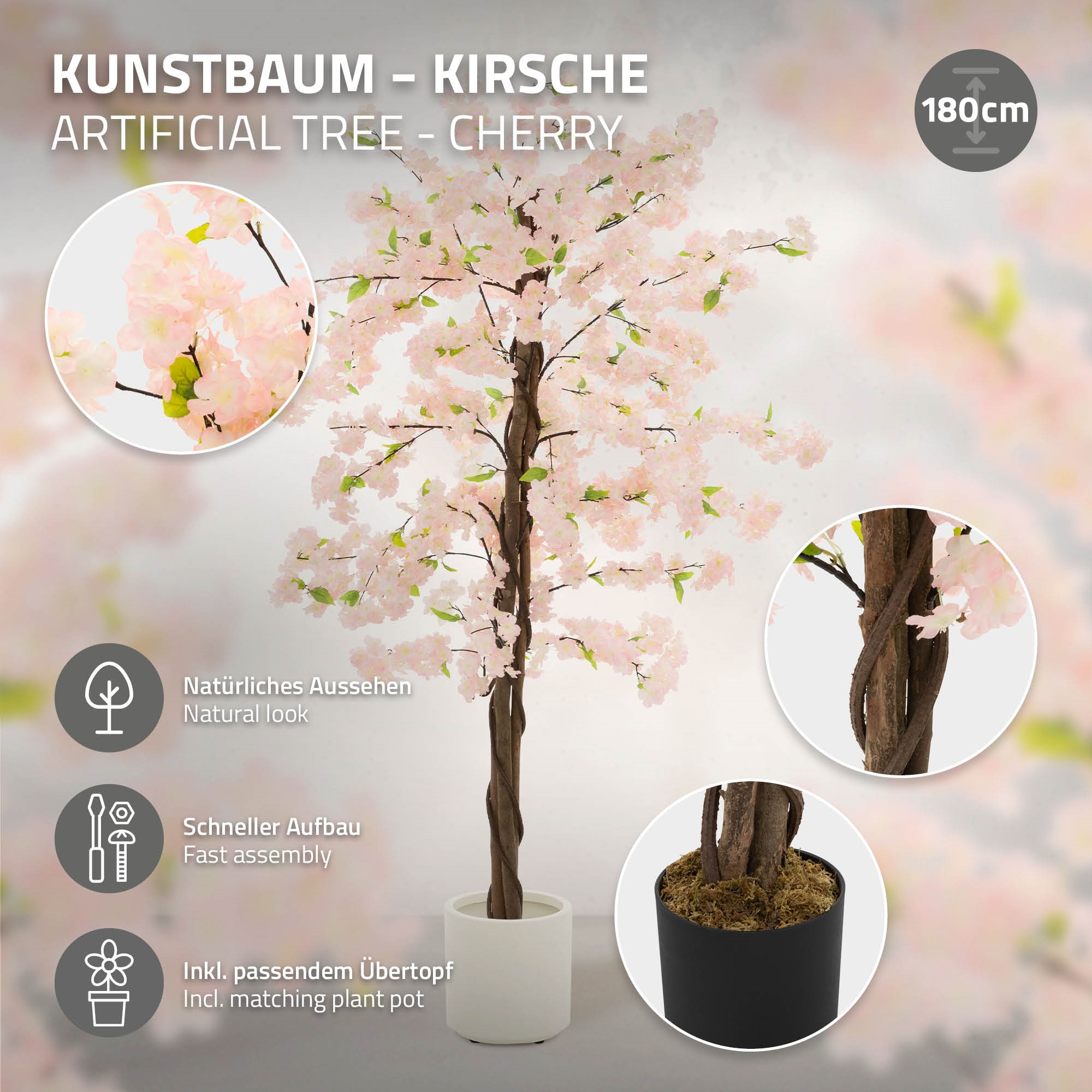 180cm künstlicher Kirschbaum mit rosa Blüten und braunem Stamm in einem Topf.