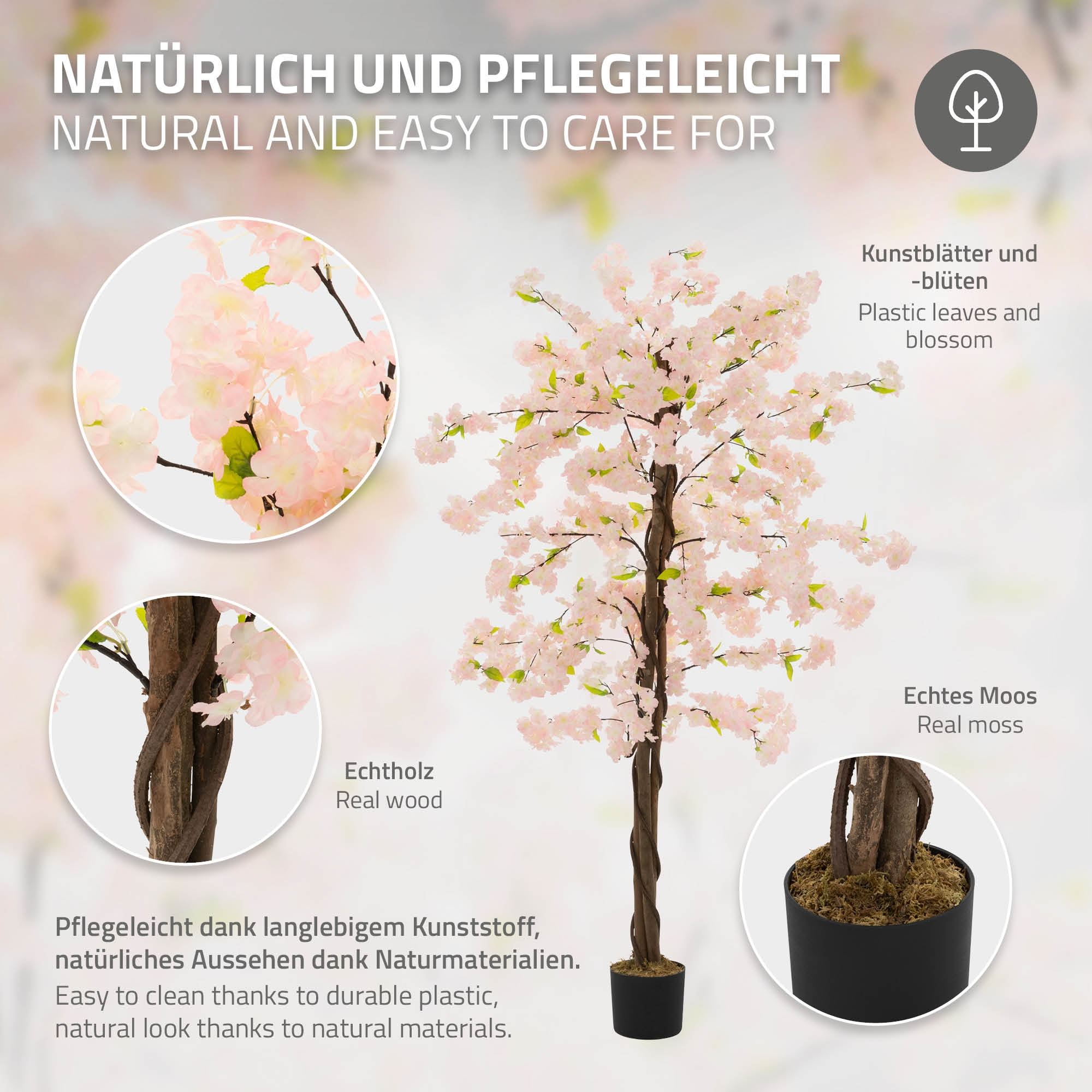 Ein künstlicher Kirschbaum mit rosa Blüten und einem braunen Stamm in einem schwarzen Topf.