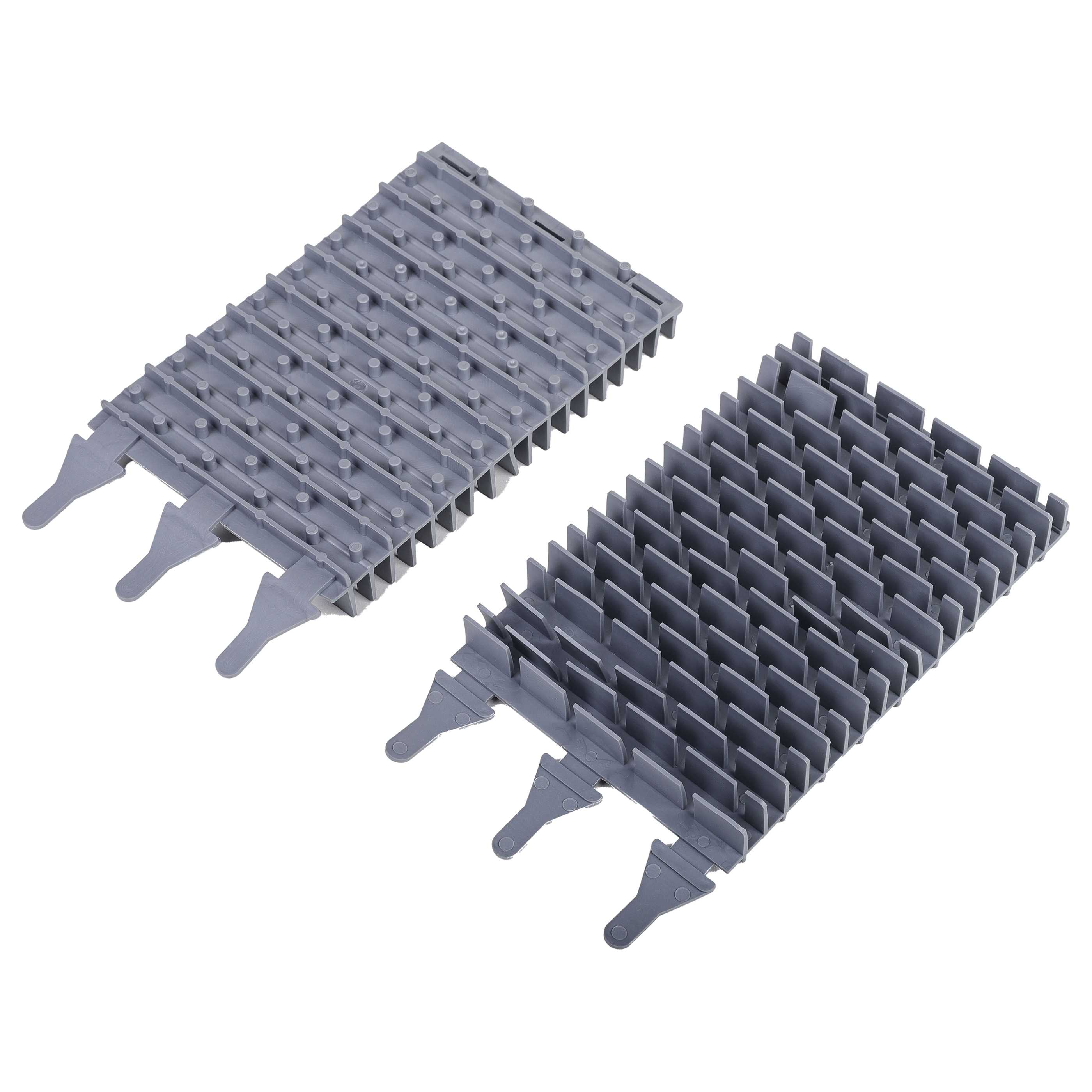 Zwei graue Kunststoff-Kabelbinder mit Zähnen und Pfeilspitzen.