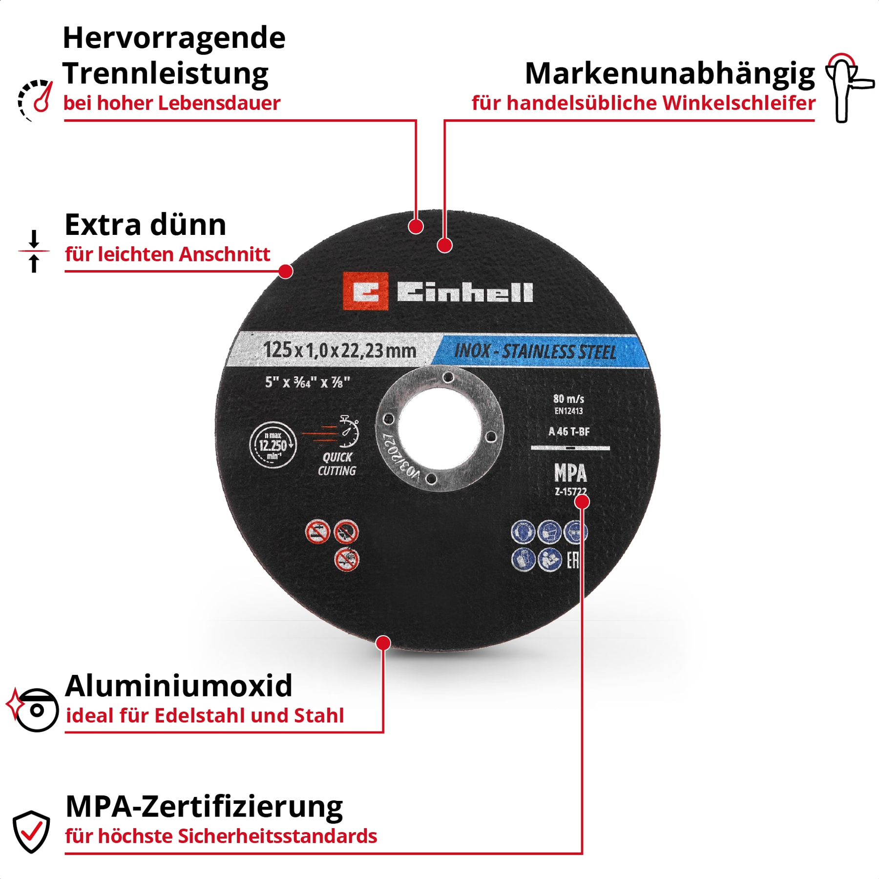 Einhell Trennscheibe für Winkelschleifer: 125mm, 1.0mm dick, für Edelstahl. Hohe Leistung.