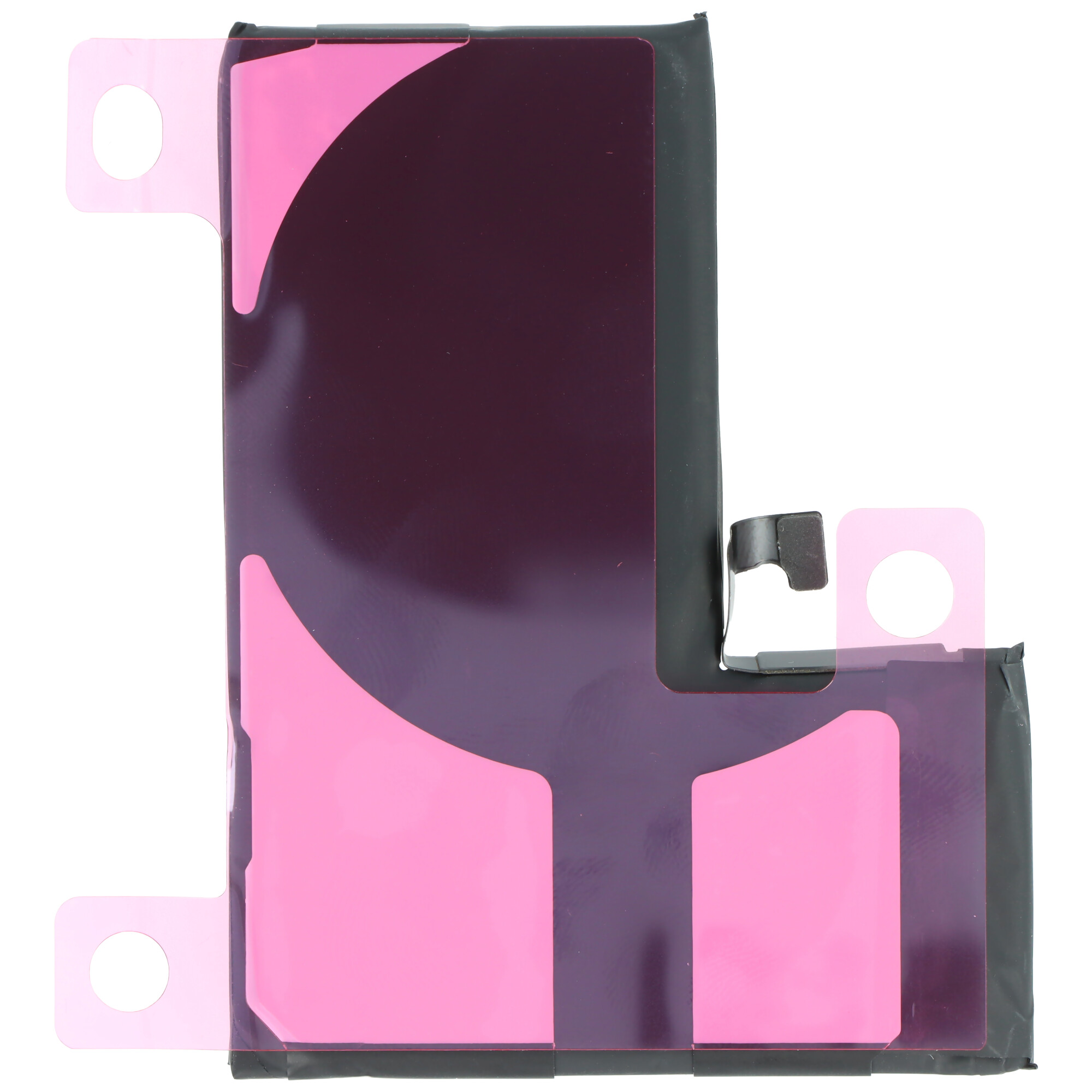 Ein L-förmiger Akku mit pinken Klebestreifen und schwarzen Details.