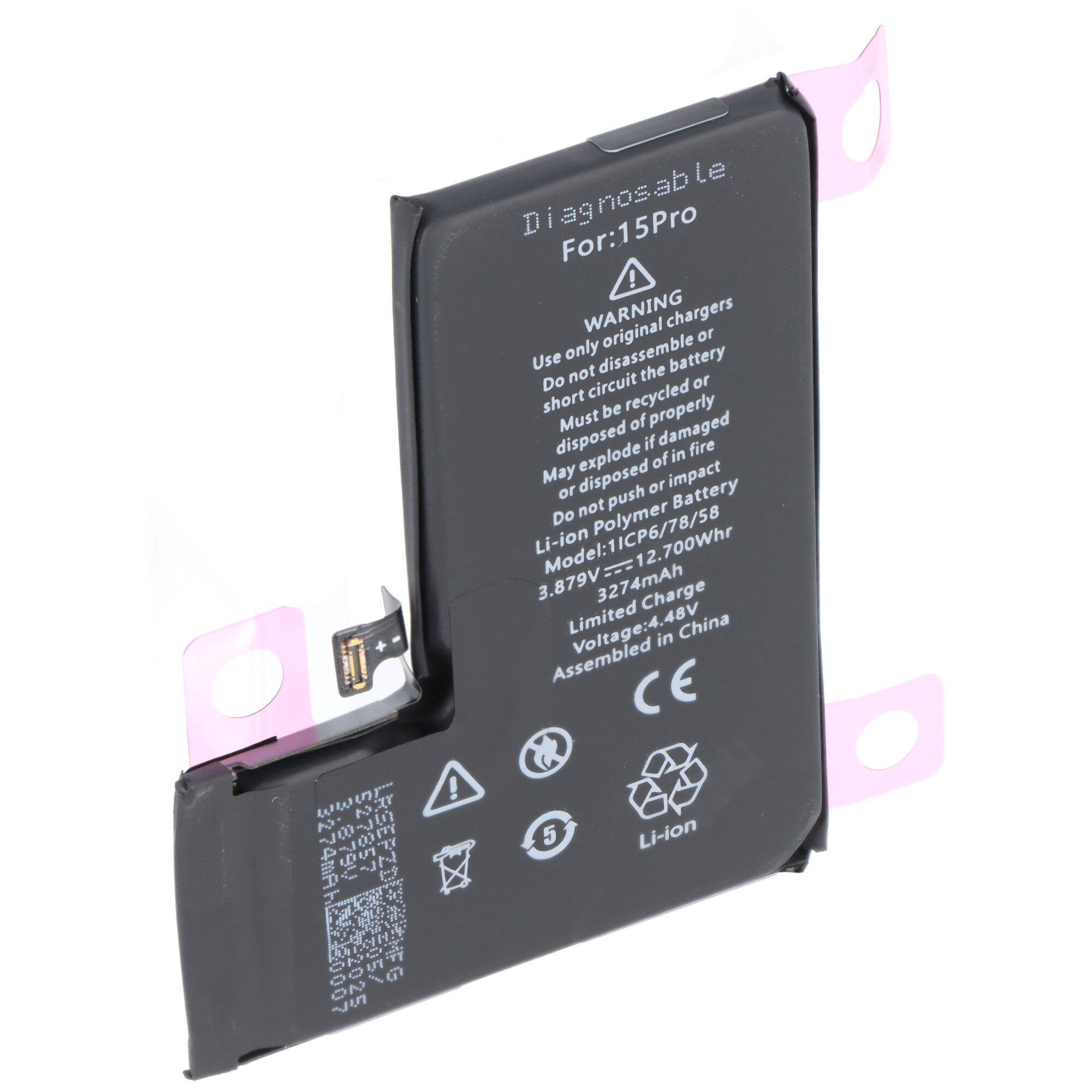 Ein schwarzer Li-Ion-Polymer-Akku für das 15Pro mit Warnhinweisen und CE-Zeichen.