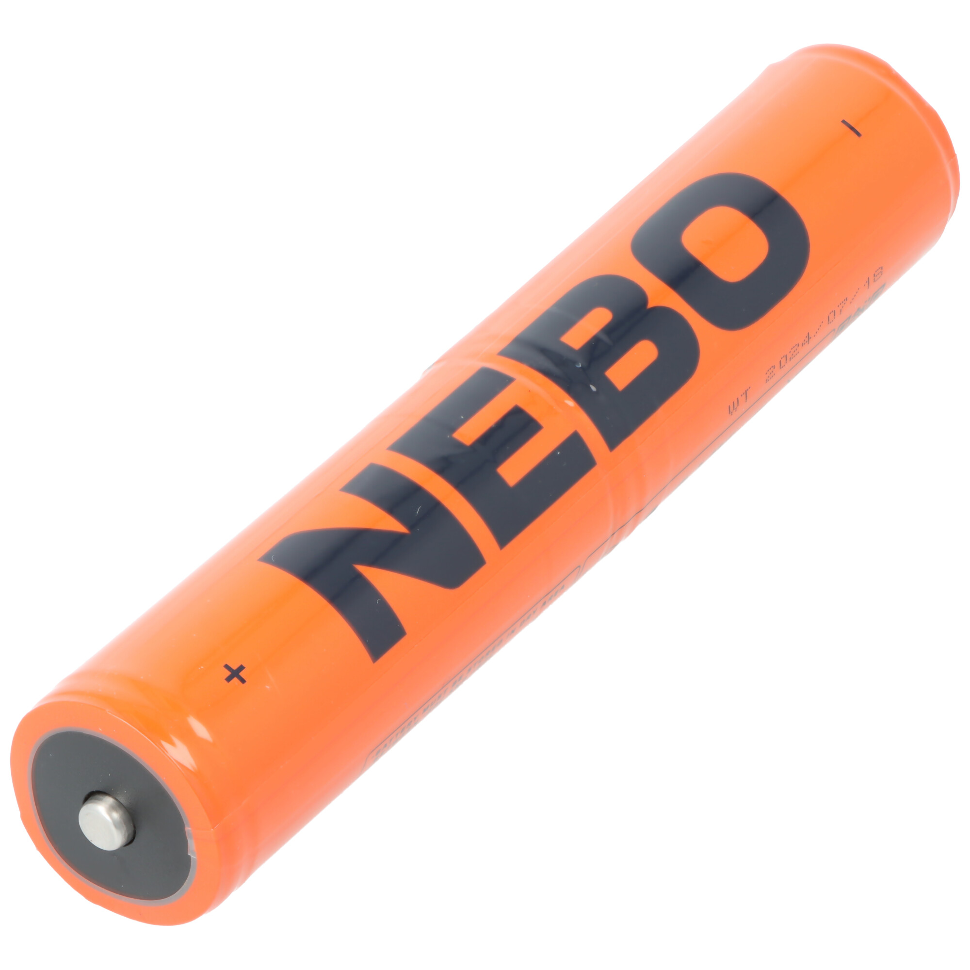 Eine orangefarbene Batterie mit schwarzem NEBO-Logo und Beschriftung.
