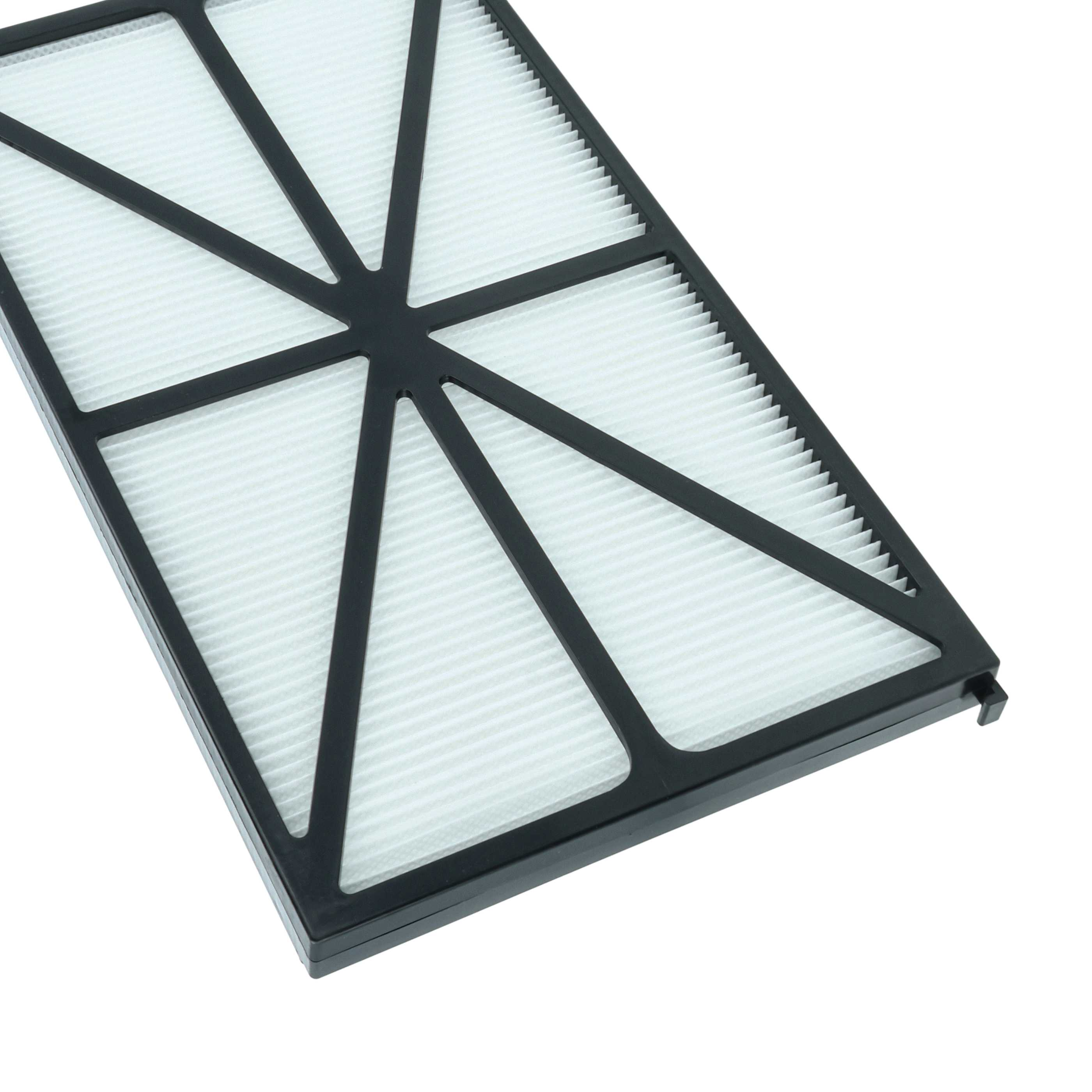Ein schwarzer rechteckiger Filter mit einem weißen, gefalteten Medium.