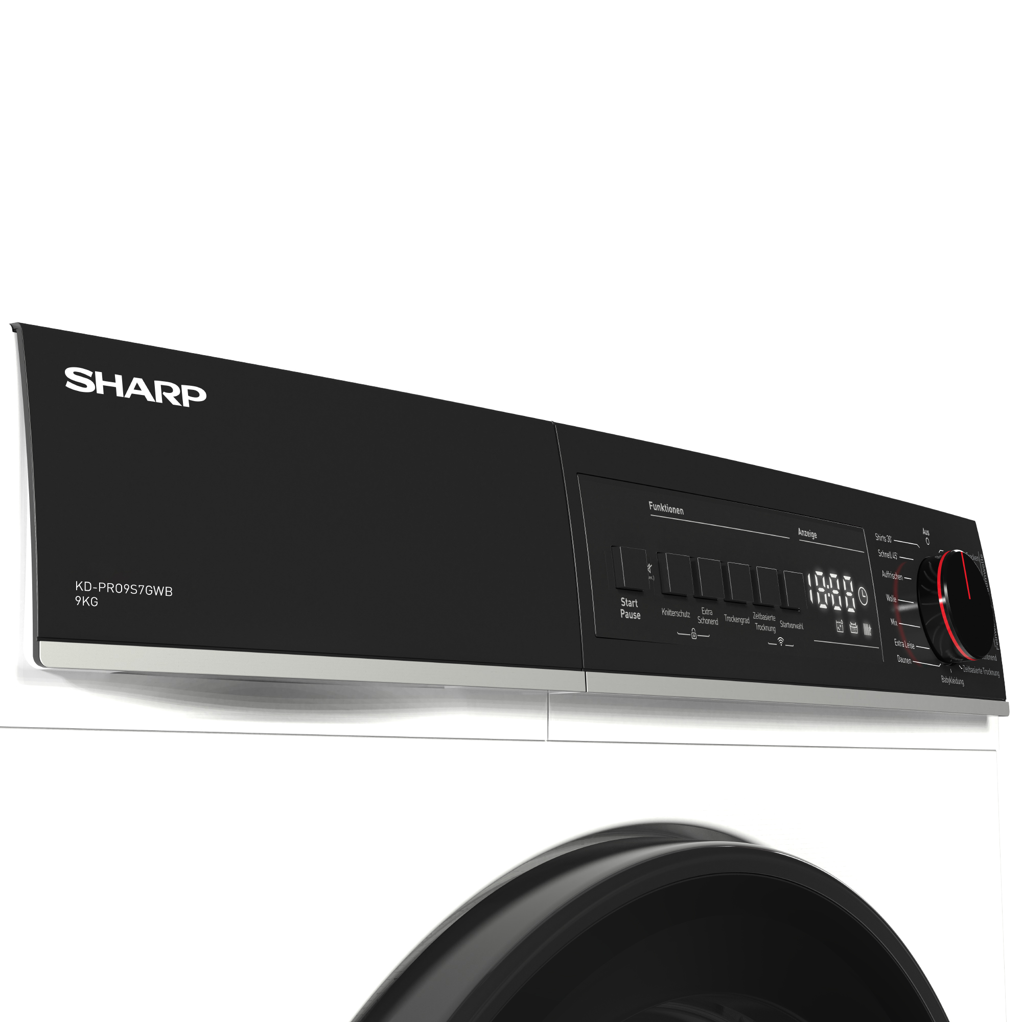 Schwarze Sharp Waschmaschine mit digitaler Anzeige und Drehknopf.