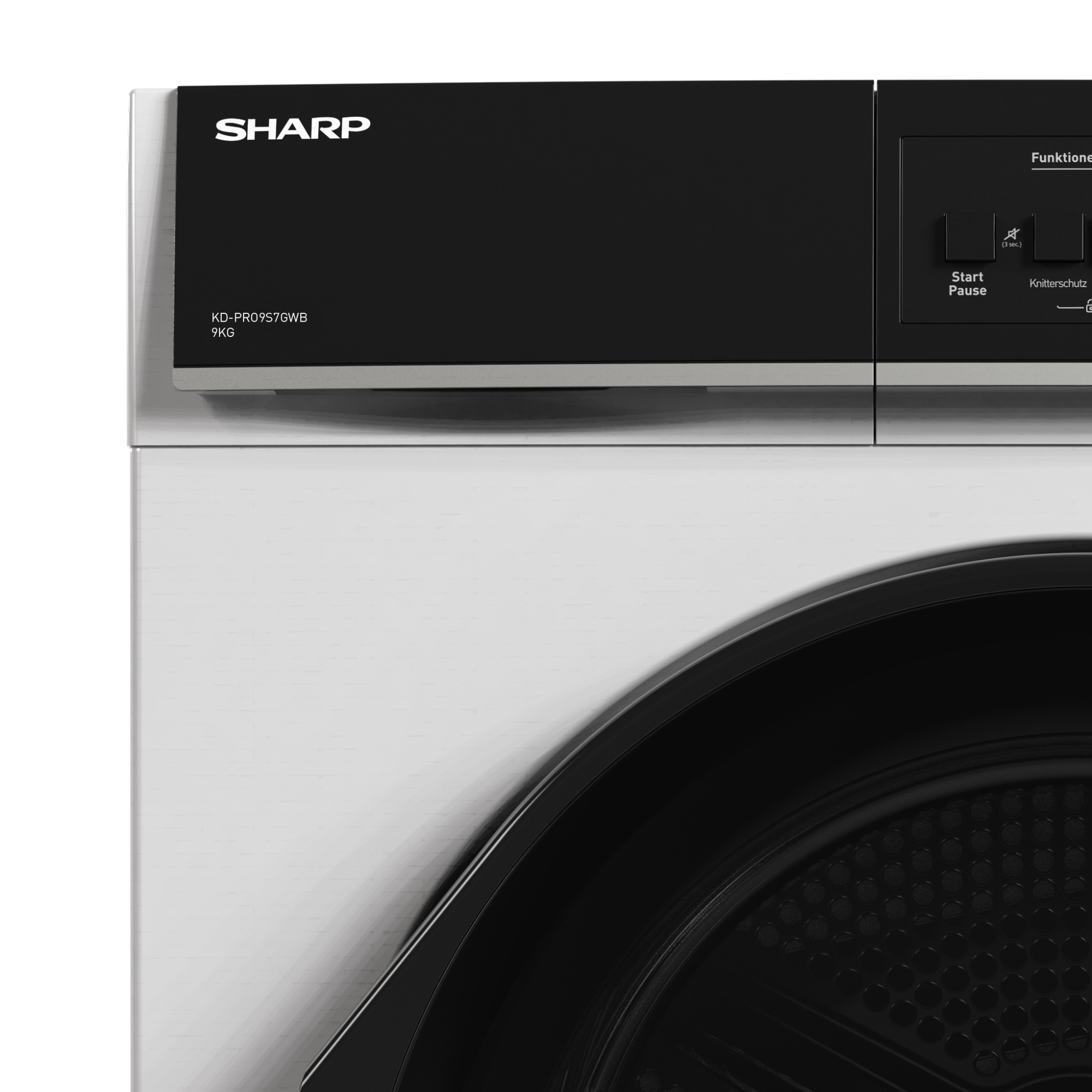 Sharp Waschmaschine KD-PR09S7GWB, 9kg. Schwarzes Bedienfeld mit Tasten.