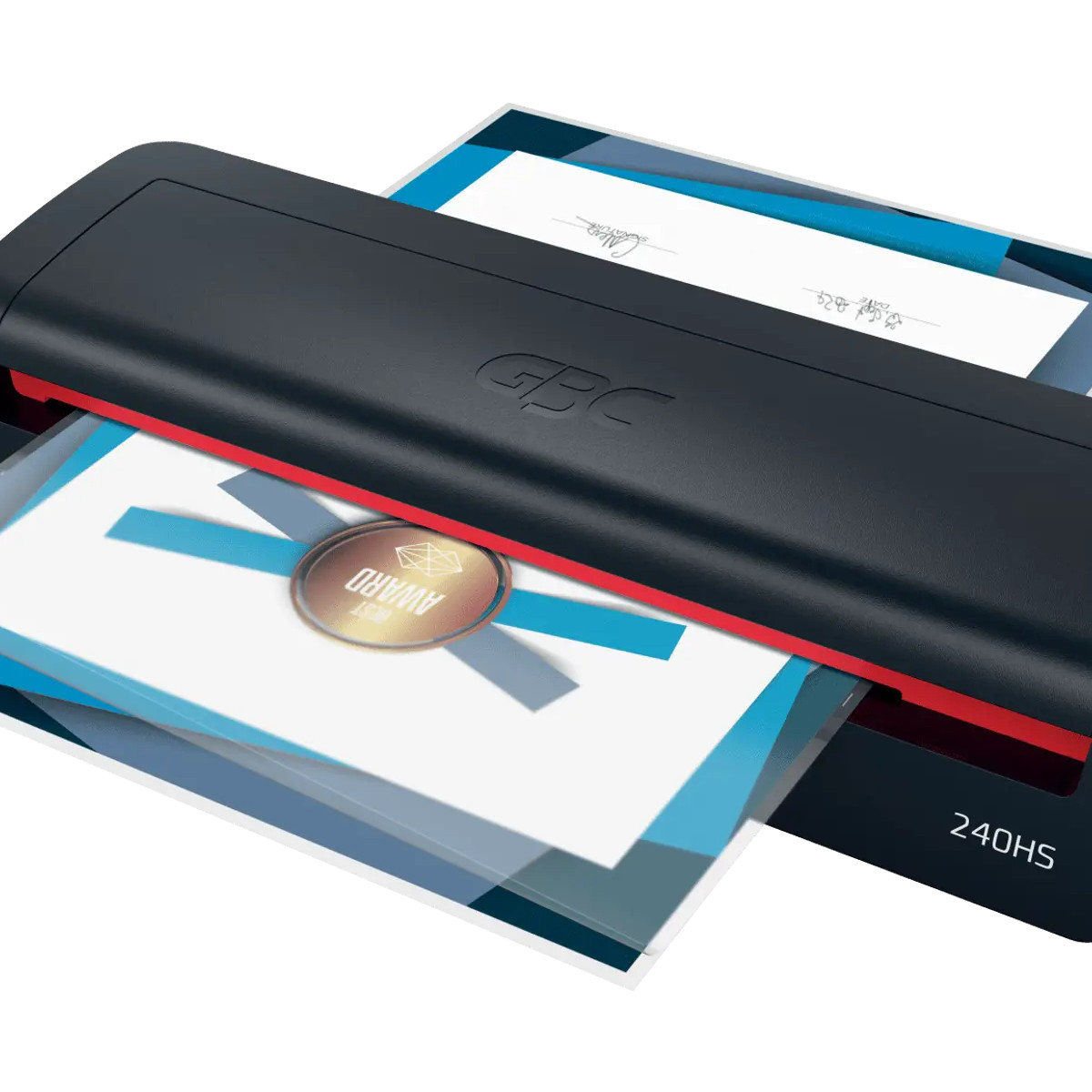 Ein schwarzer Laminator mit rotem Rand, der Dokumente mit "Best Award"-Aufkleber verarbeitet.
