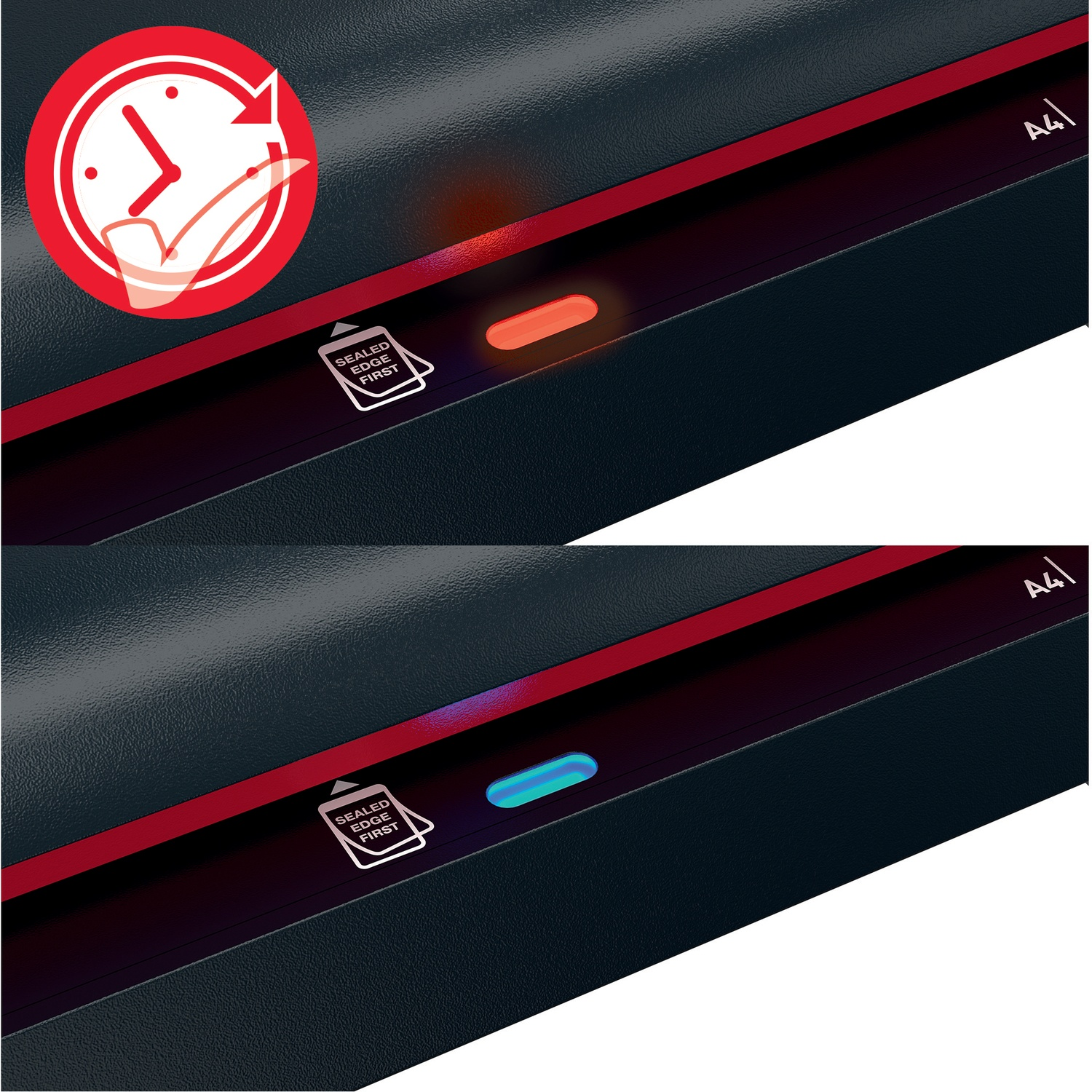Zeigt einen Laminator mit rotem und blauem Licht, einer Uhr und einem Häkchen.