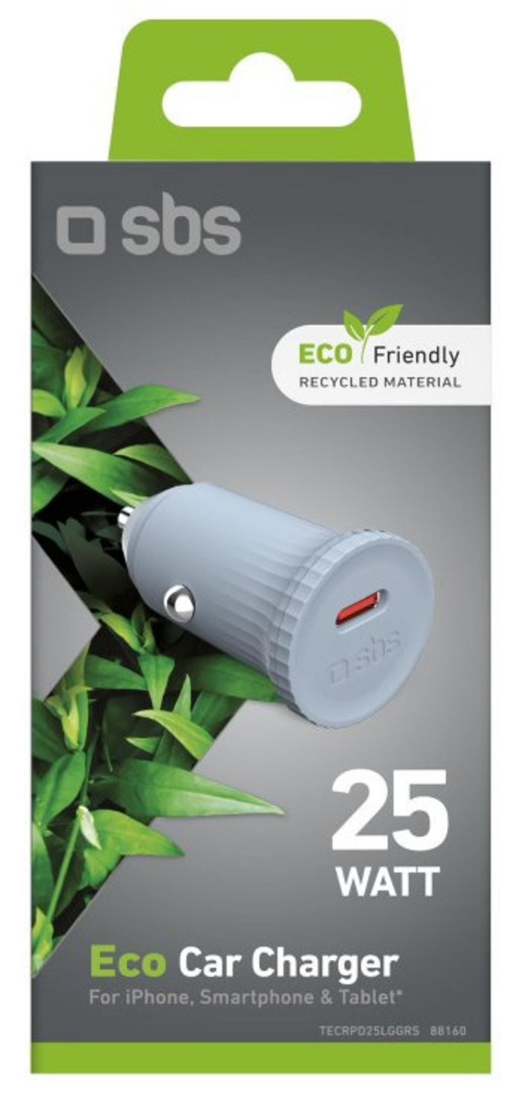 Cargador de coche SBS Eco gris de 25W con hojas verdes y logo SBS.