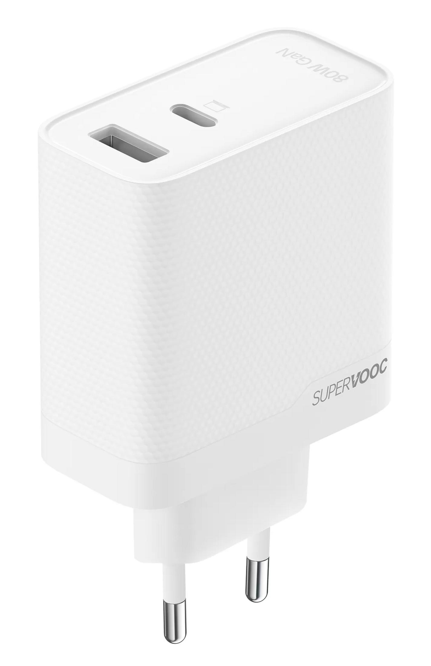 Caricatore bianco GaN da 80W con porta USB-A e USB-C, SuperVOOC.
