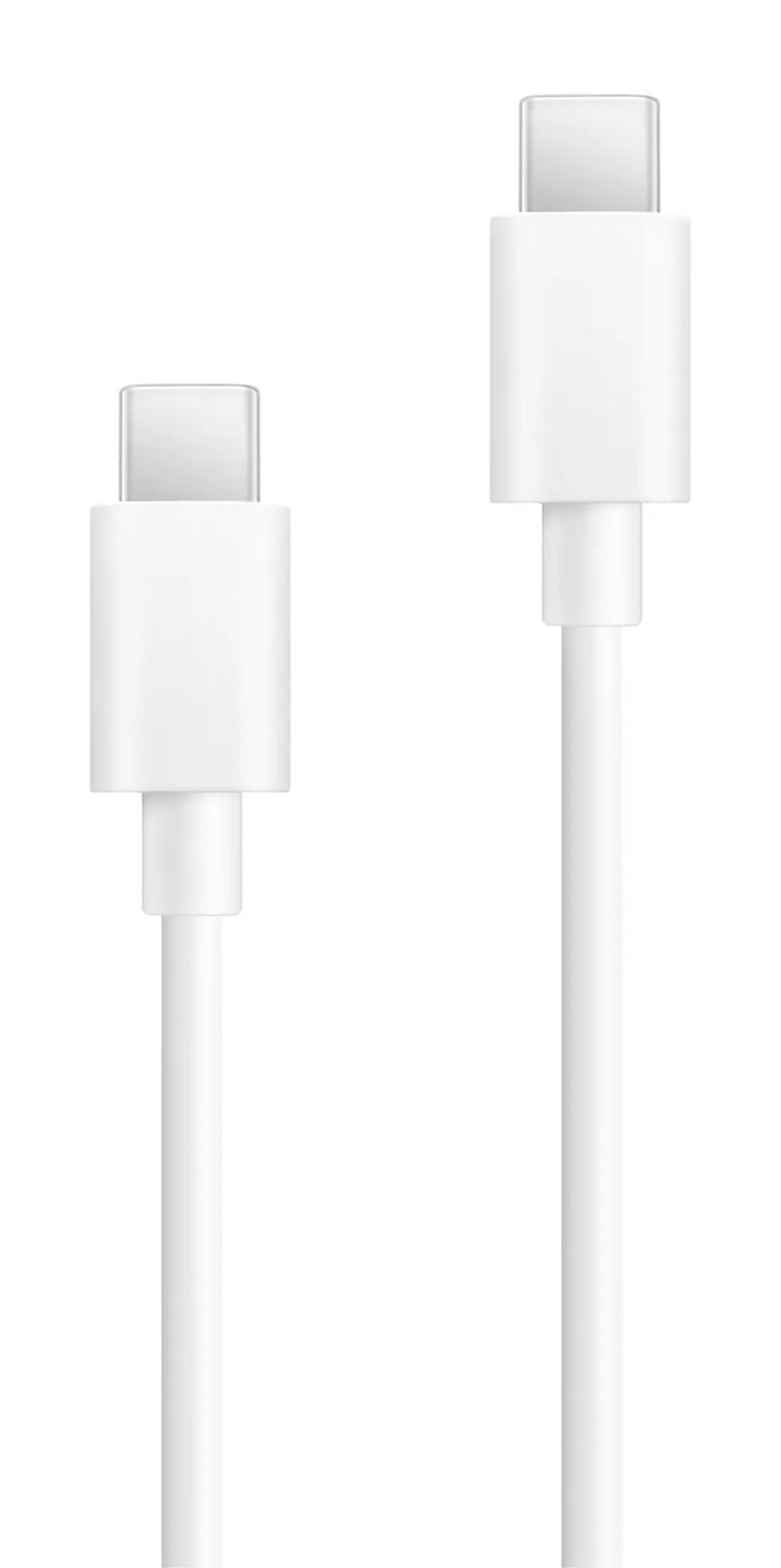 Due cavi USB-C bianchi con connettori bianchi su sfondo bianco.