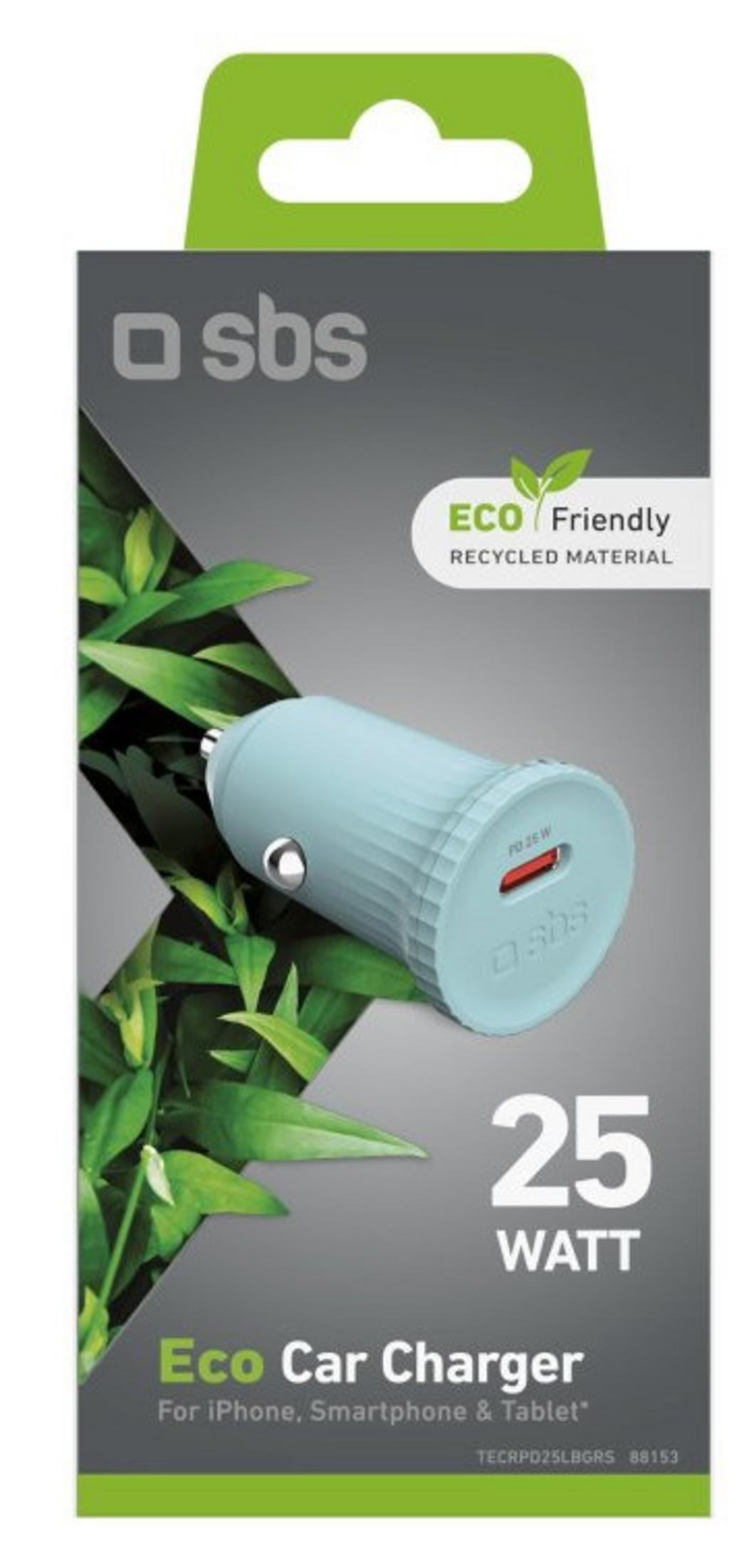 Embalaje de cargador de coche Eco azul claro de 25W con motivo de hoja y logo SBS.