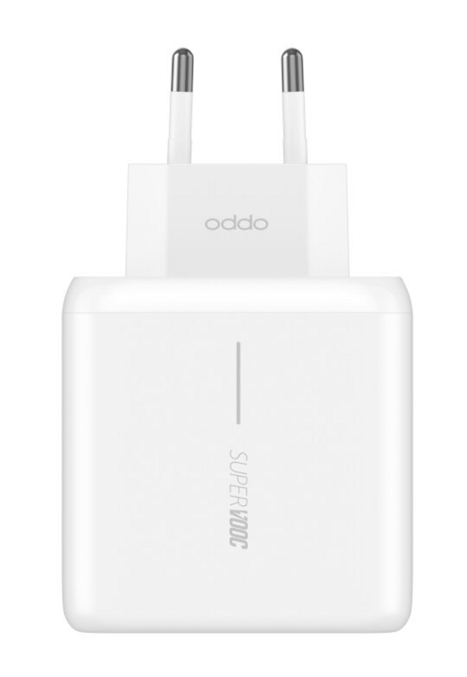 Biała ładowarka OPPO z dwoma srebrnymi bolcami i napisem SUPER VOOC.