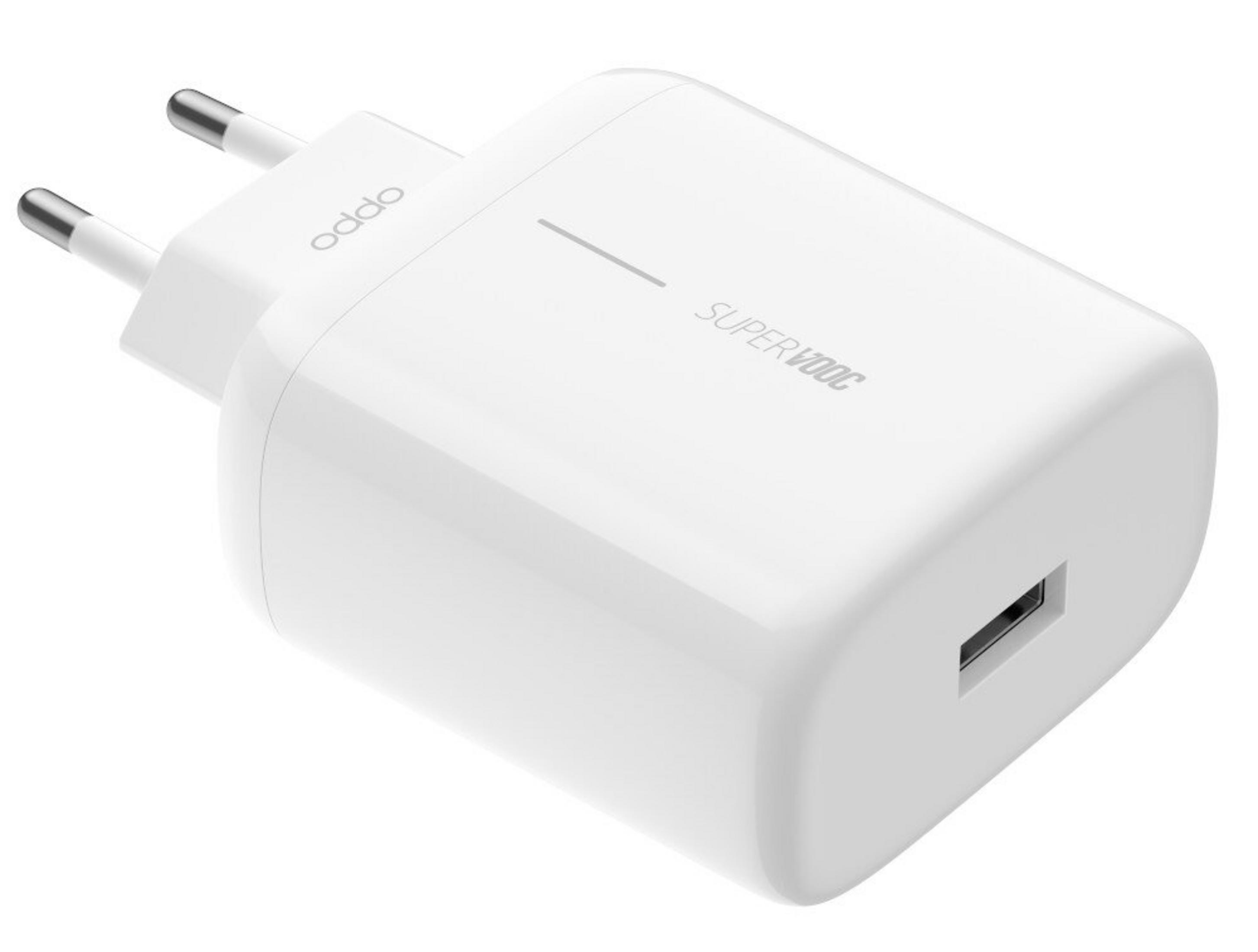 Biała ładowarka OPPO SuperVOOC z portem USB i dwoma bolcami.