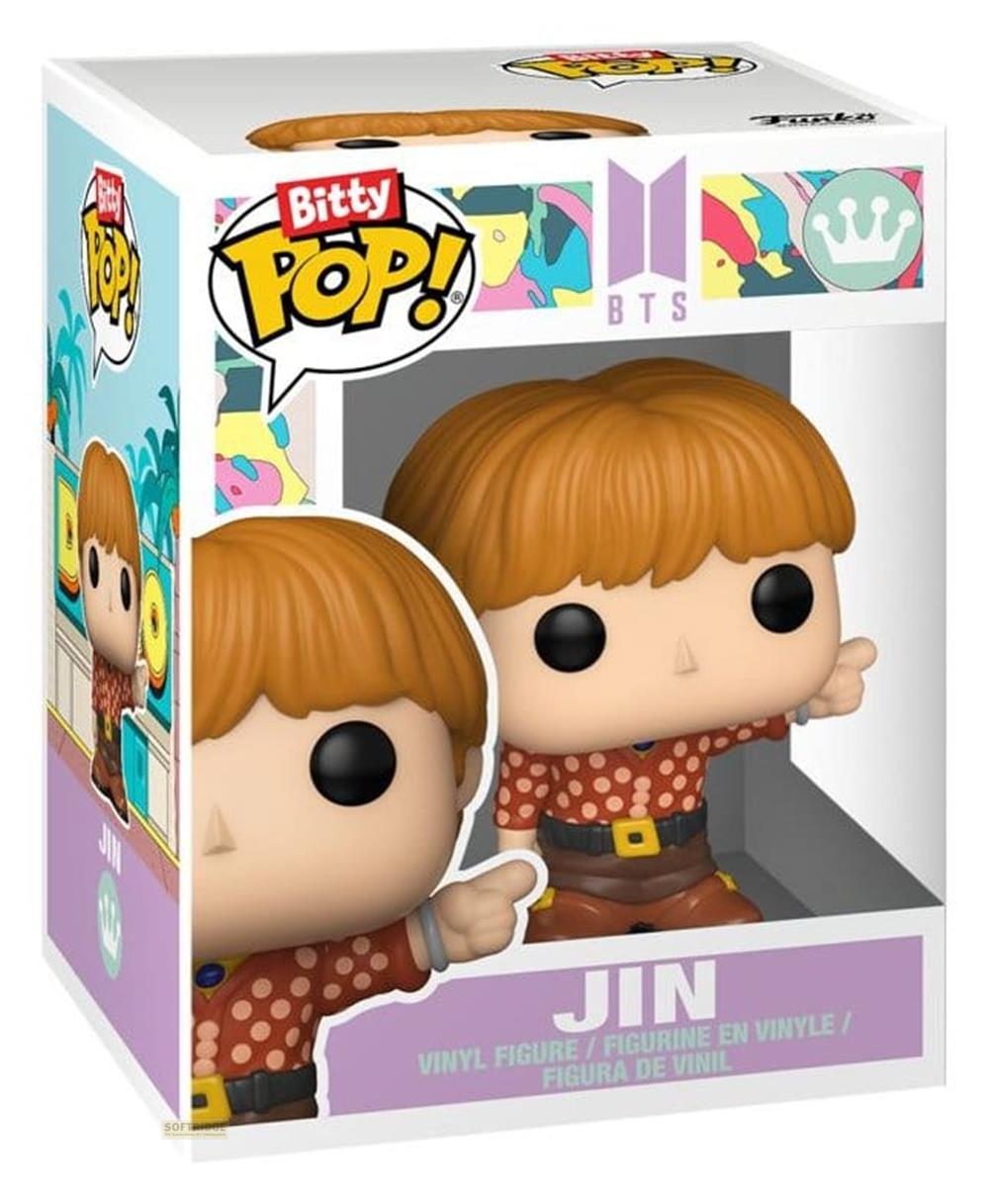 Figura de vinilo Funko Pop! de BTS Jin en una caja con gráficos coloridos.