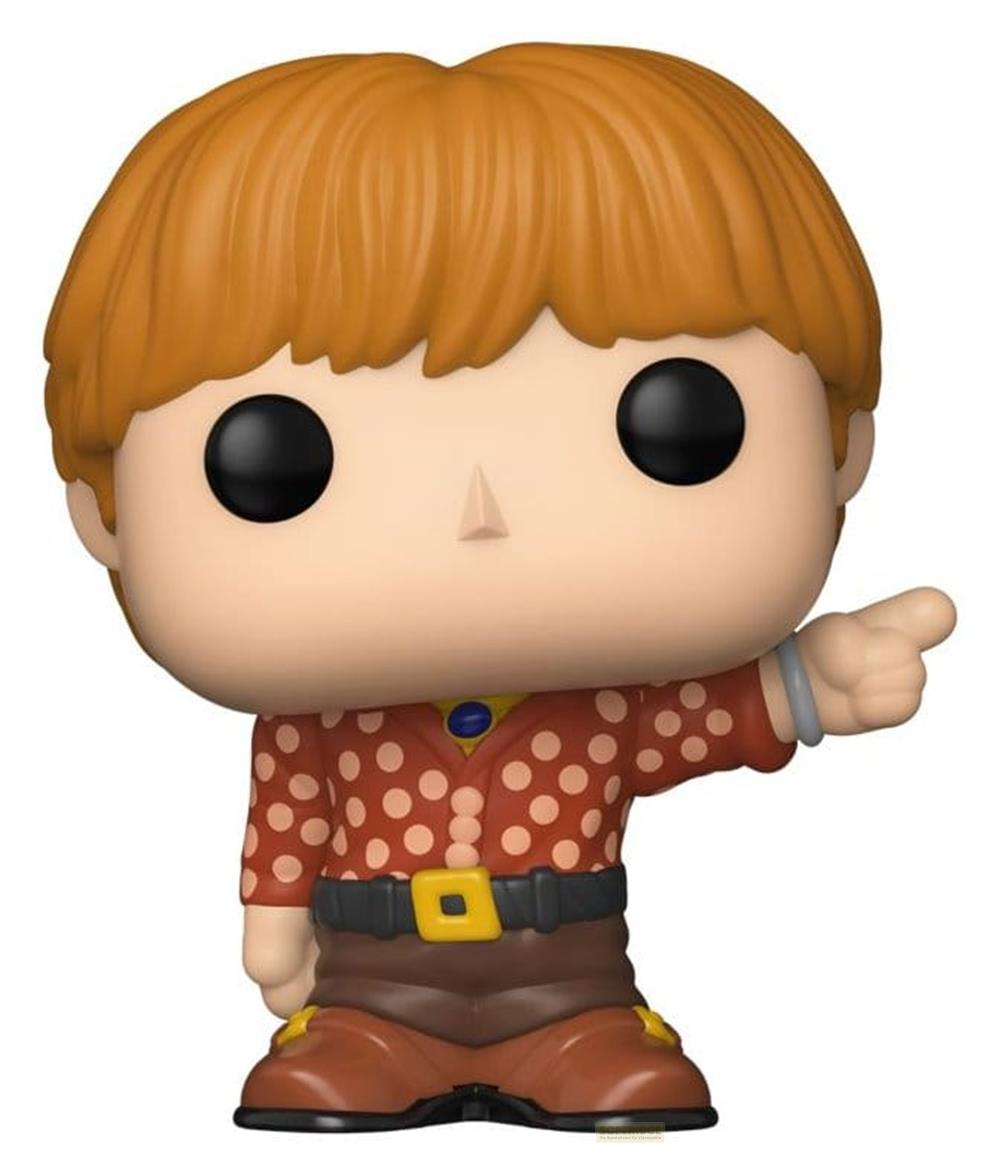 Una figura de pelo naranja apunta a la derecha. Lleva una camisa roja de lunares.