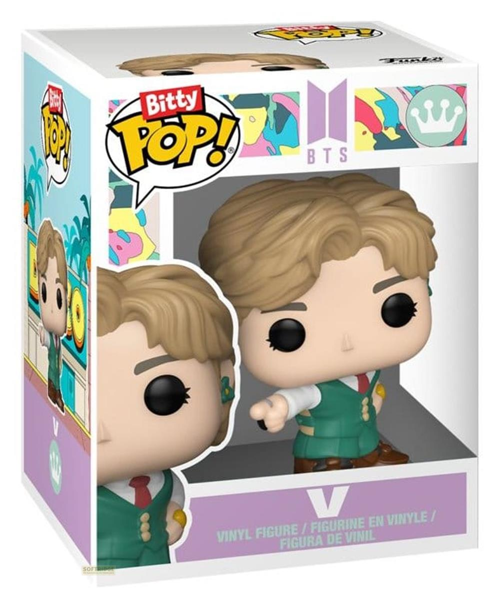 Figura Funko Pop de vinilo de V de BTS con chaleco verde y corbata roja.
