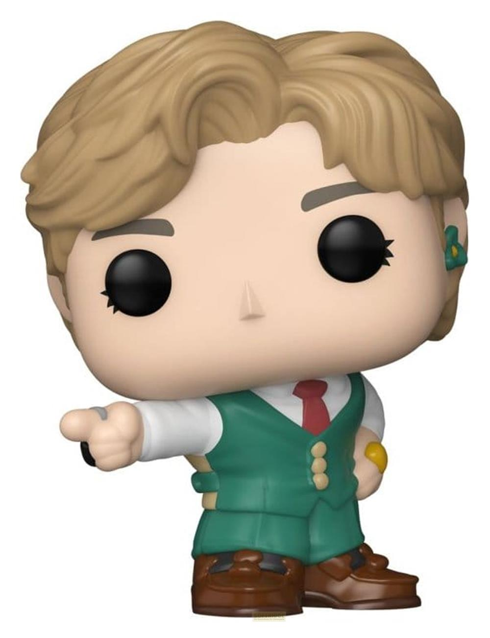 Una figura de vinilo Funko Pop! con pelo rubio, chaleco verde y corbata roja.
