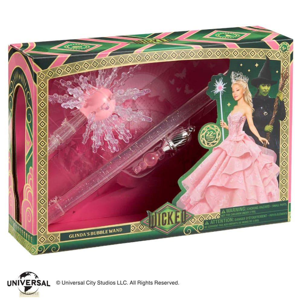 Glindas Zauberstab-Verpackung mit Figuren von Elphaba und Glinda, pinker Glitzerstab.