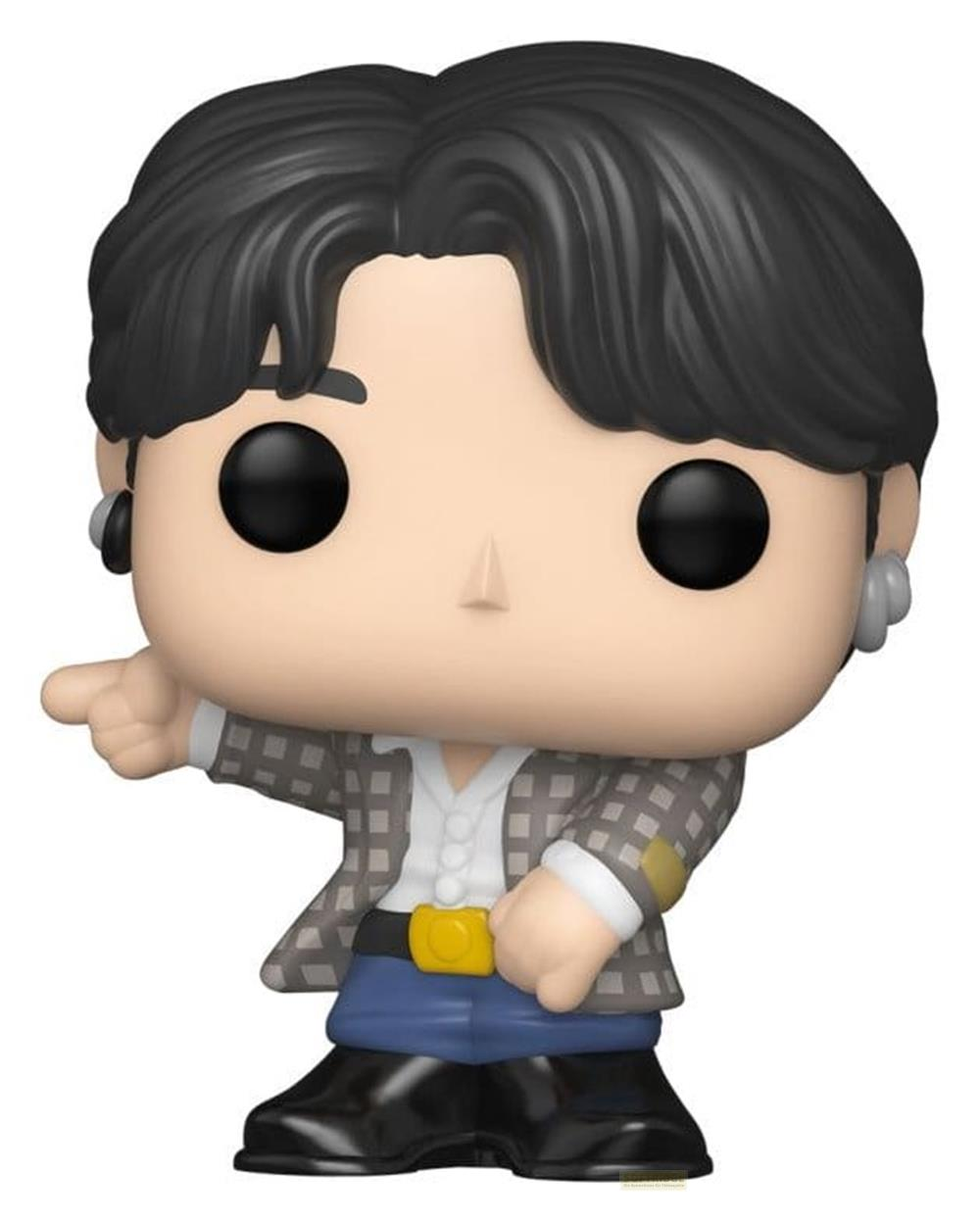 Figura Pop! con pelo oscuro, chaqueta a cuadros, pantalones azules y cinturón amarillo.