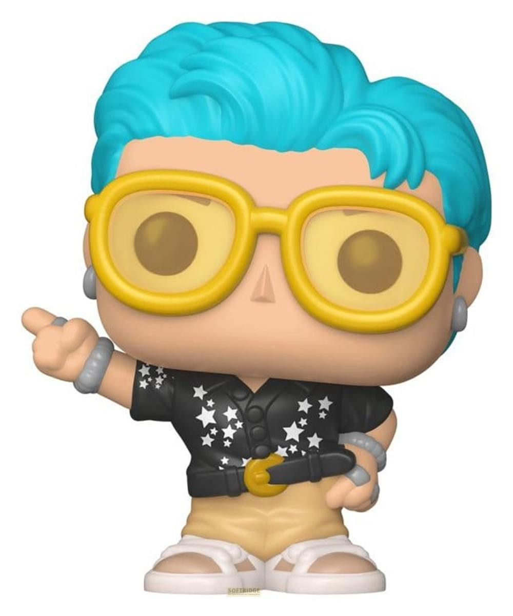 Spielfigur mit blauem Haar, gelber Brille, Sternenhemd und Khaki-Hose.