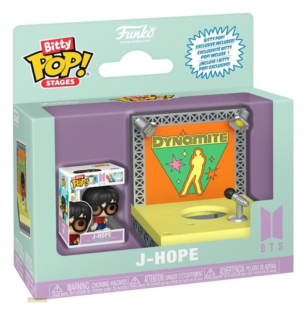 Funko Pop! Bitty Stages J-Hope BTS Figur auf einer Bühne mit Mikrofon.